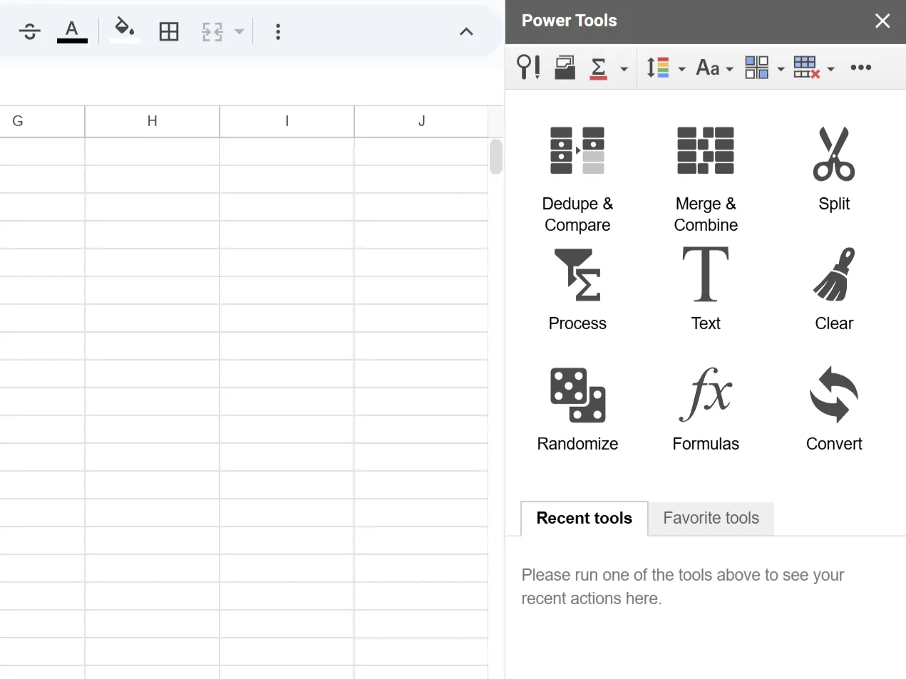 Giao diện thanh công cụ Power Tools trong Google Sheets với các chức năng quản lý và xử lý dữ liệu