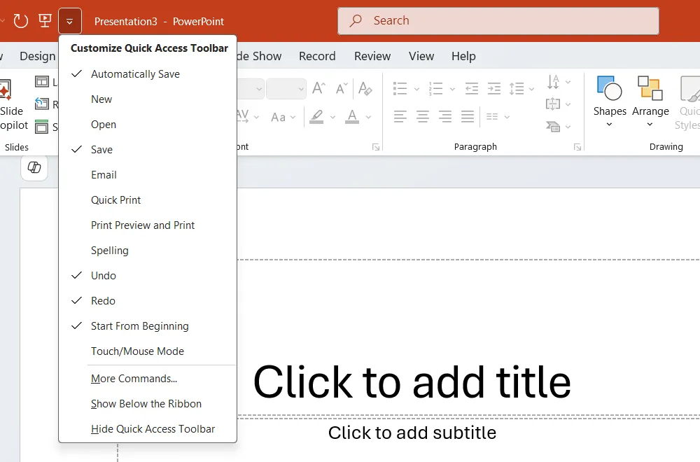 Giao diện thanh Quick Access Toolbar trong PowerPoint, hiển thị các lệnh thường dùng được ghim để truy cập nhanh.