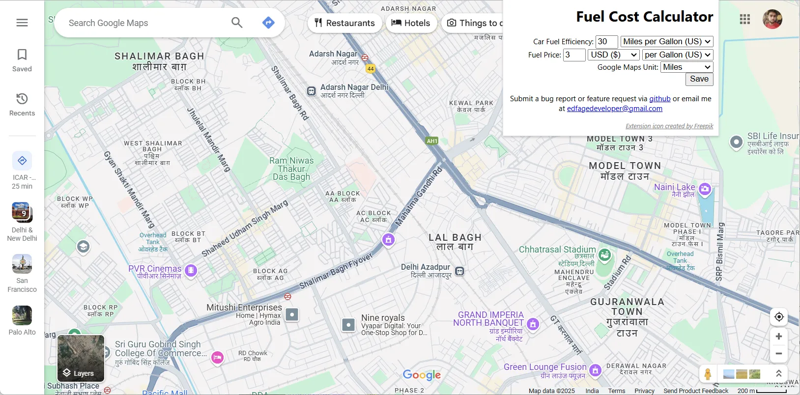 Giao diện thiết lập ban đầu của tiện ích Google Maps Fuel Cost Calculator để tính toán chi phí nhiên liệu.