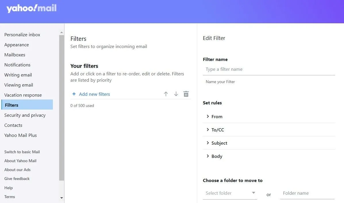 Giao diện thiết lập bộ lọc email trong Yahoo Mail với các trường điều kiện như Từ, Đến, Chủ đề và Nội dung