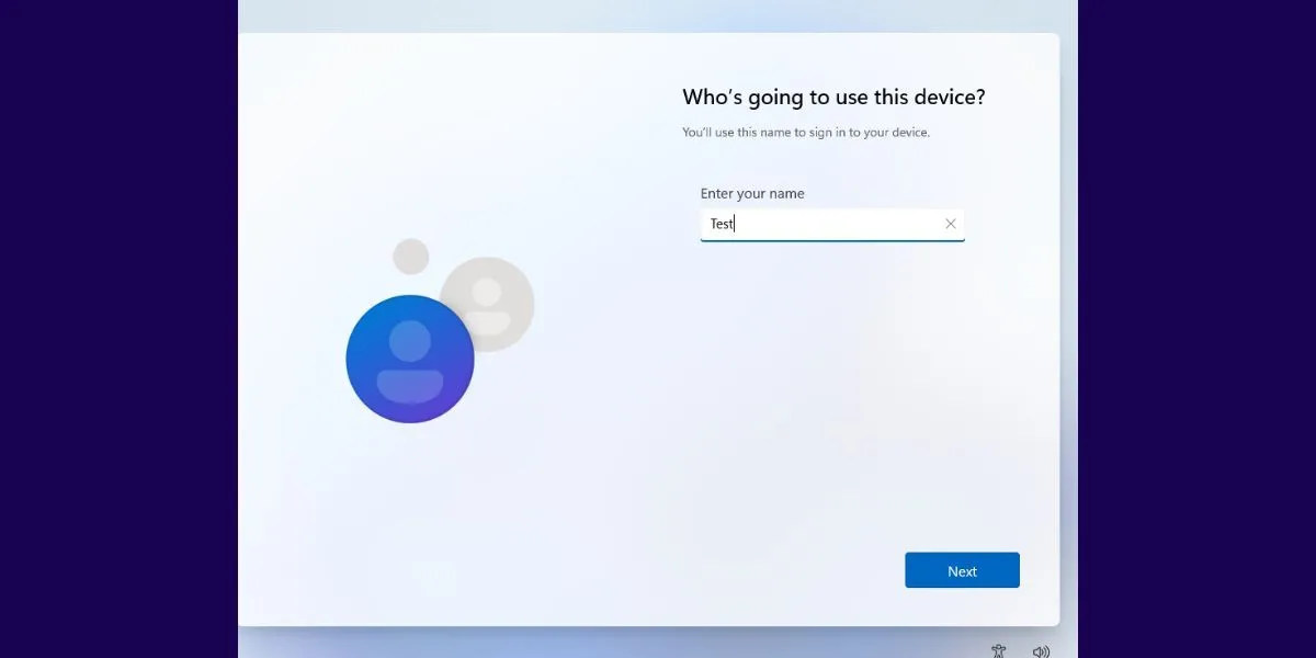 Giao diện thiết lập tài khoản người dùng và câu hỏi bảo mật trong quá trình thiết lập Windows 11 Out-of-Box Experience (OOBE).