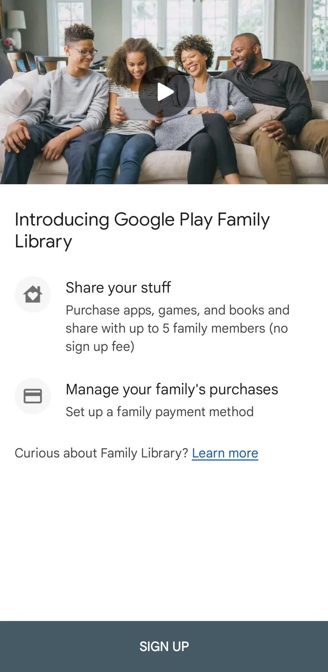 Giao diện thiết lập Thư viện gia đình trên Google Play Store, hiển thị các bước đăng ký