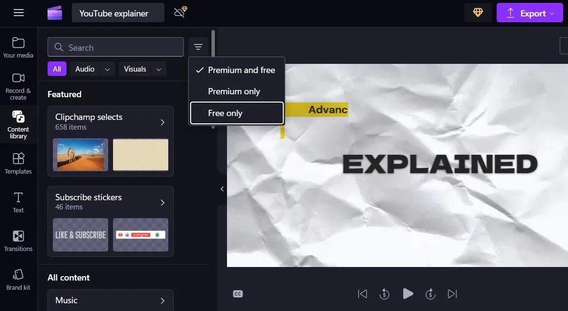 Giao diện thư viện nội dung của Clipchamp với các tùy chọn đa dạng
