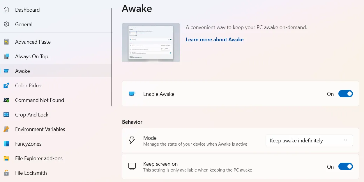 Giao diện tiện ích Awake trong PowerToys trên Windows 11 hiển thị tùy chọn bật và chế độ giữ máy tính luôn hoạt động.