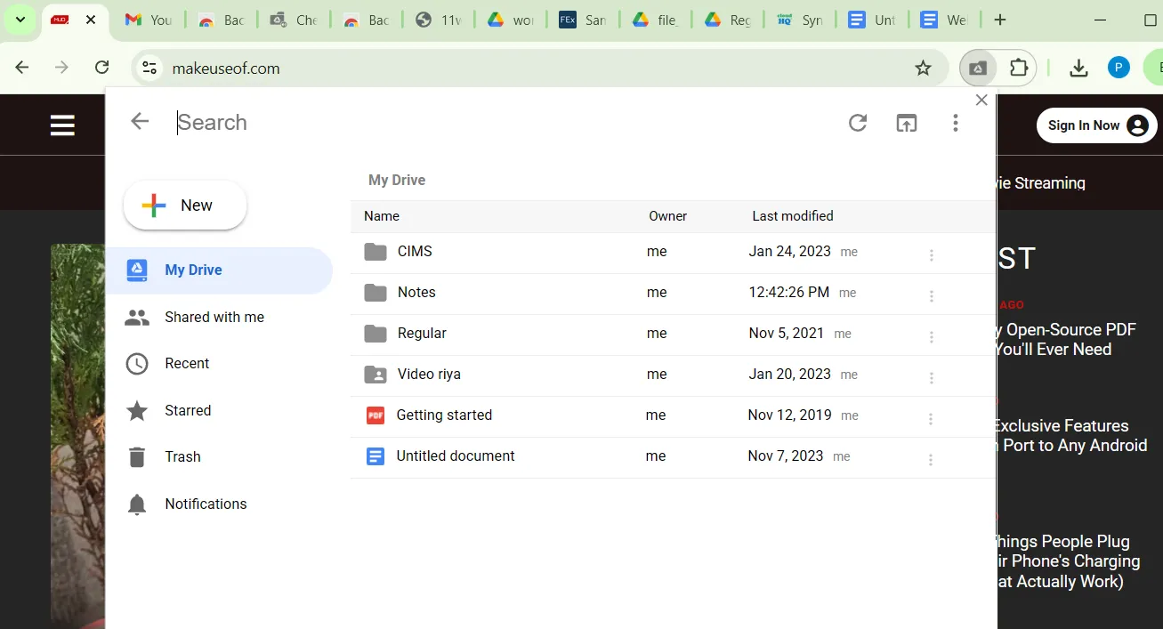Giao diện tiện ích Checker Plus for Google Drive hiển thị nội dung Drive ngay trong trình duyệt