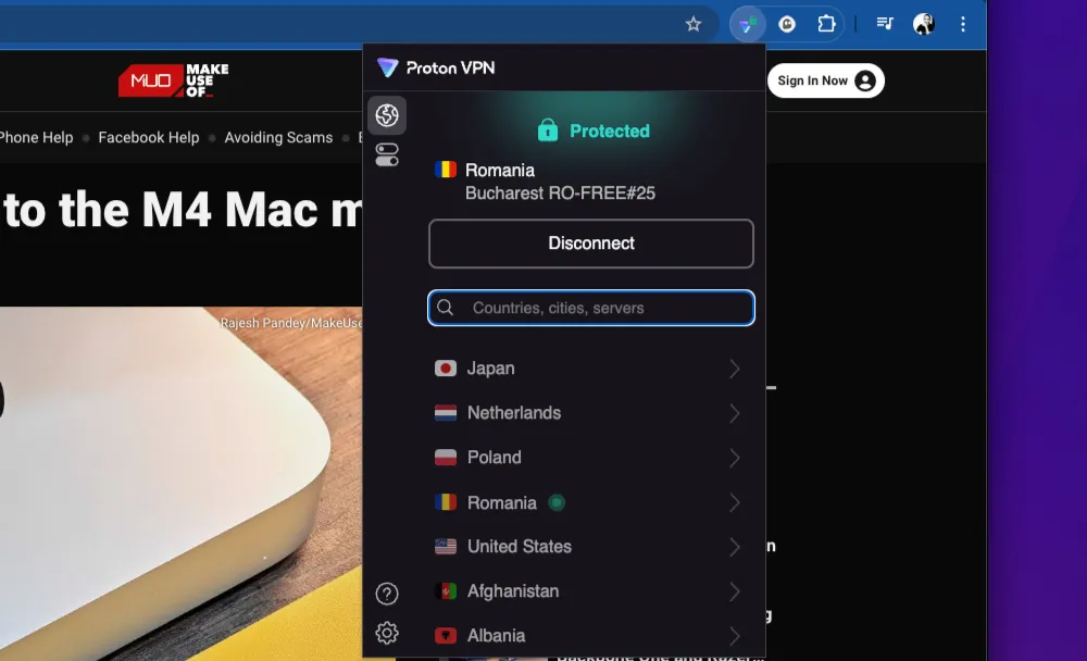 Giao diện tiện ích mở rộng ProtonVPN trên trình duyệt Chrome đang kết nối, minh họa sự phức tạp khi sử dụng VPN.