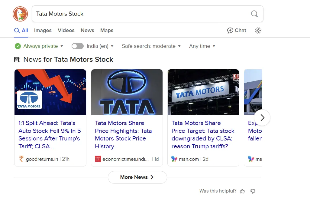 Giao diện tìm kiếm DuckDuckGo khi tìm kiếm chứng khoán Tata Motors, chỉ hiển thị liên kết thay vì biểu đồ trực tiếp