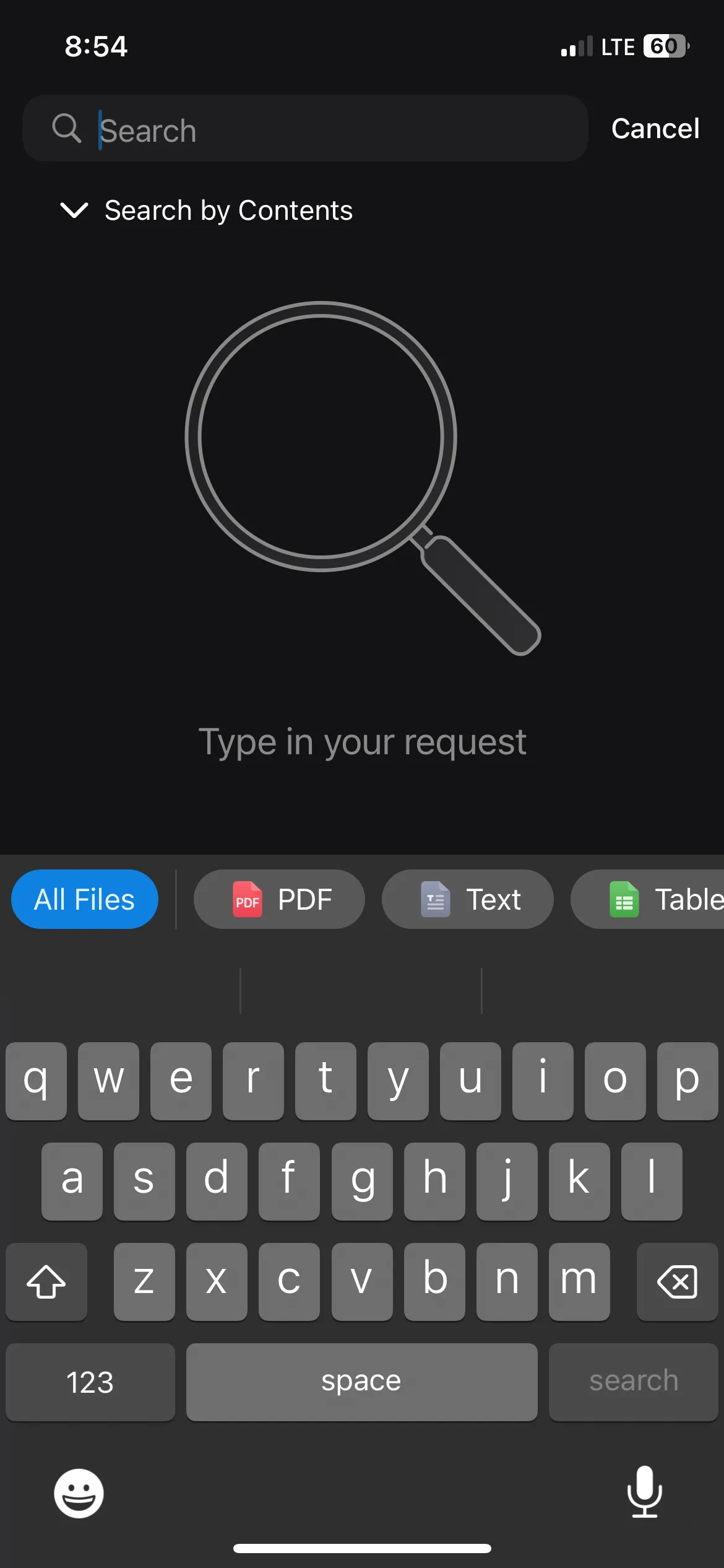 Giao diện tìm kiếm theo nội dung trong ứng dụng Documents trên iPhone, cho phép người dùng tìm kiếm tài liệu dựa trên các từ khóa bên trong tệp.
