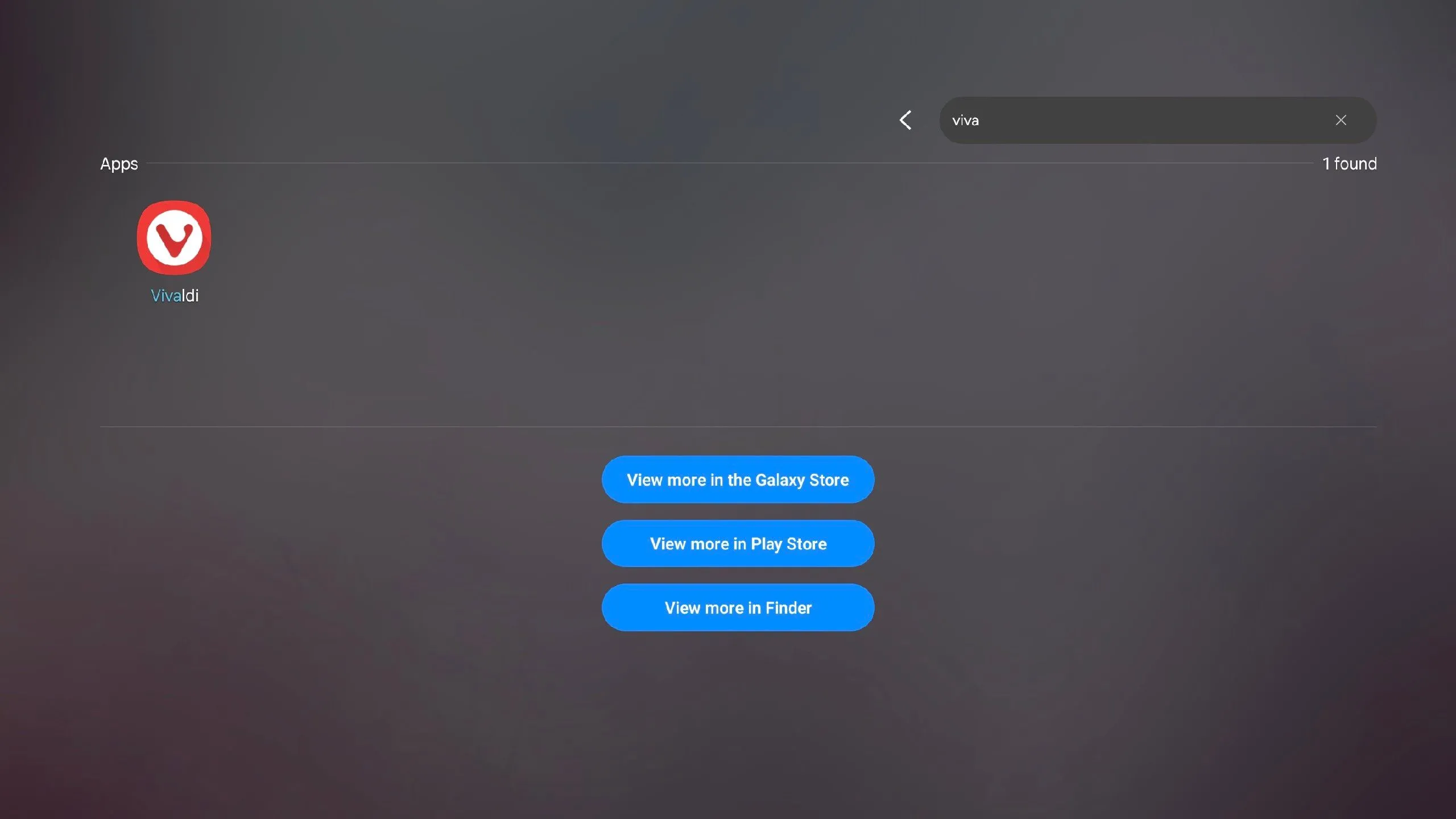 Giao diện tìm kiếm ứng dụng Vivaldi trên Samsung DeX thông qua phím tắt, minh họa phương pháp mở ứng dụng có chủ đích.