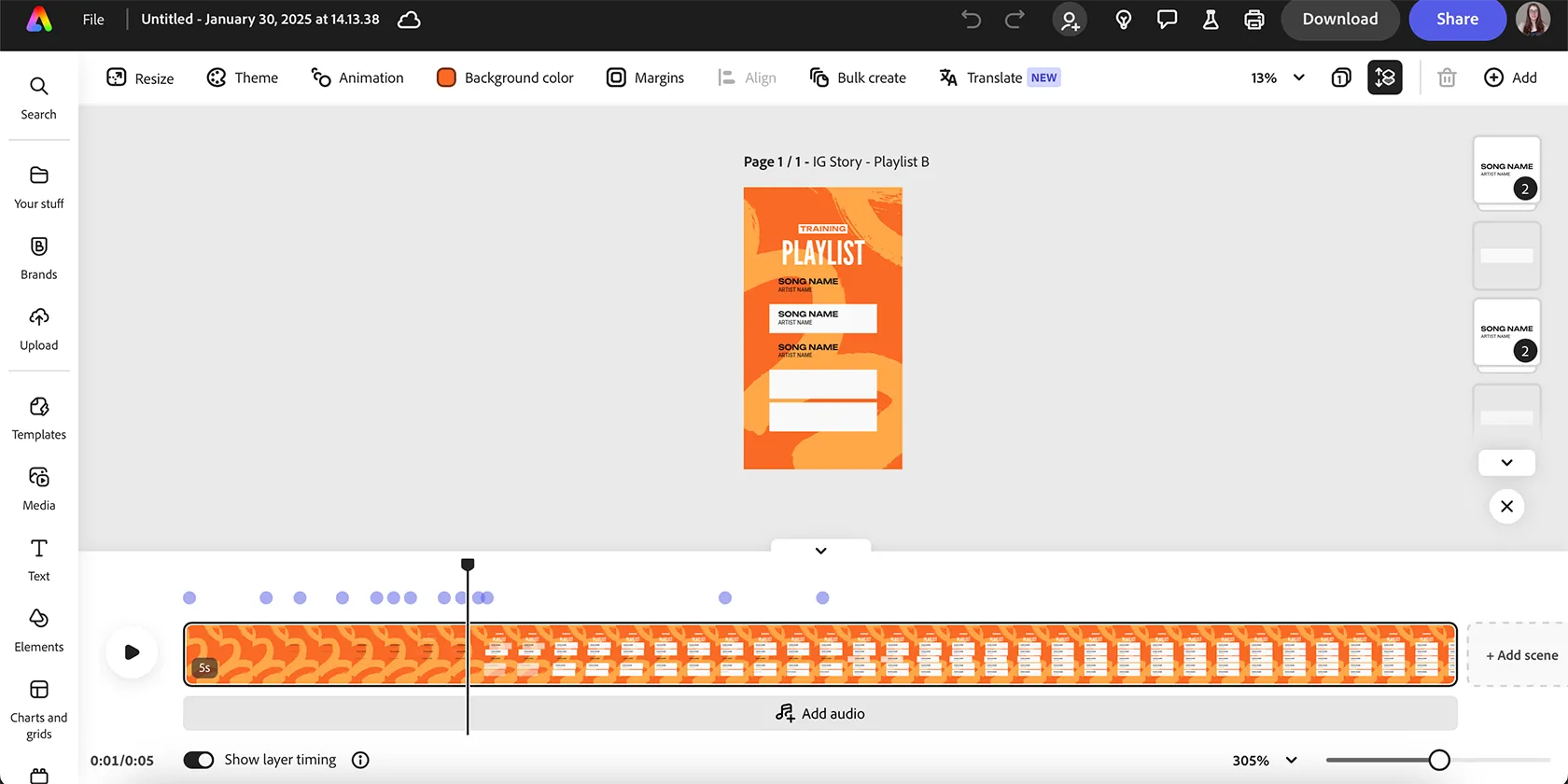 Giao diện timeline chỉnh sửa video trong Adobe Express với các lớp và hiệu ứng