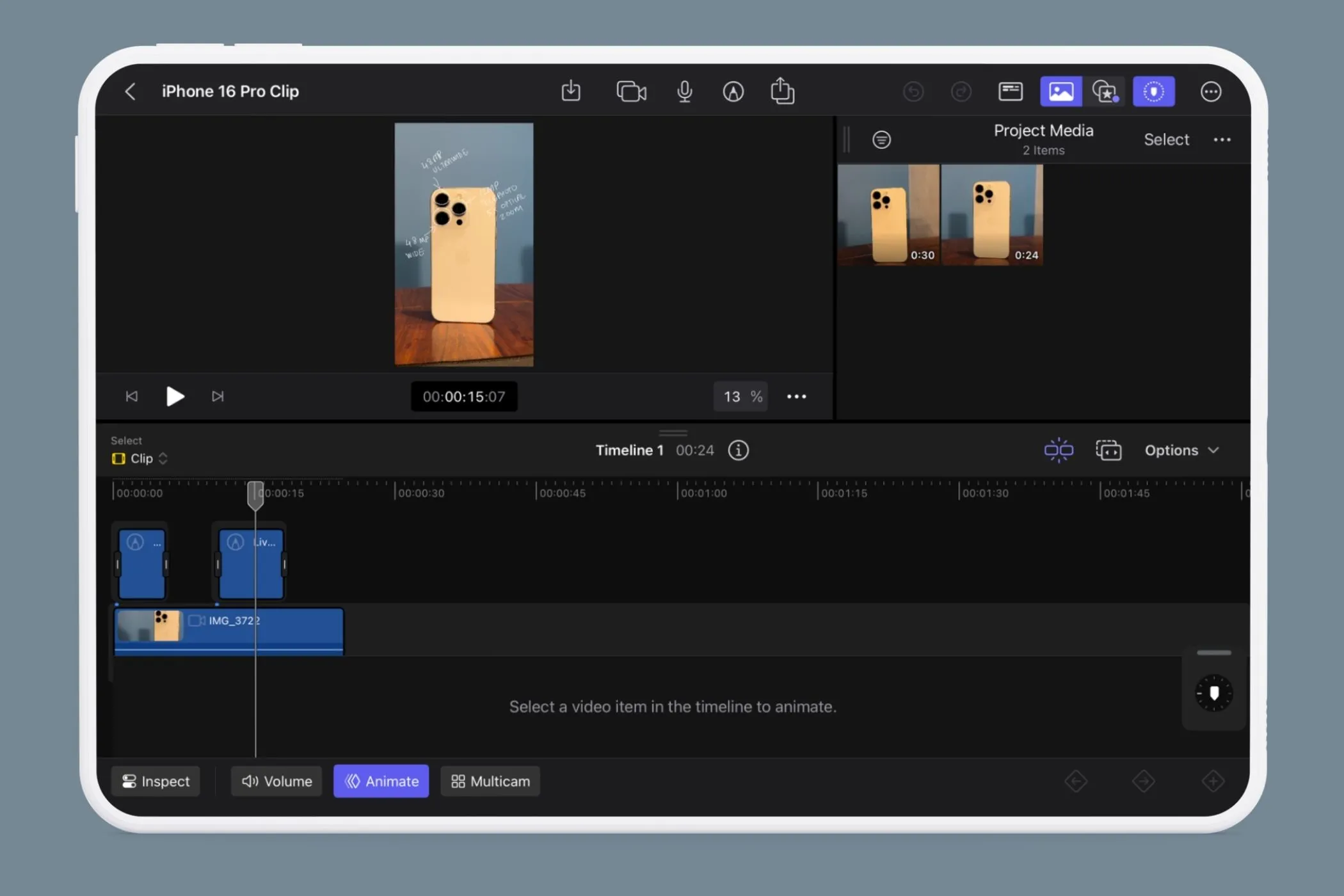 Giao diện timeline Final Cut Pro trên iPad với biểu tượng Live Drawing