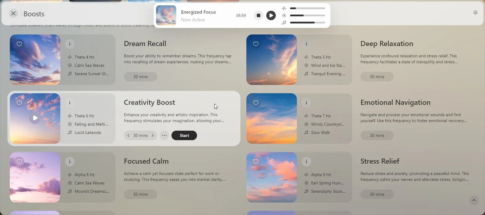 Giao diện tính năng Binaural Audio Boosts của Opera Air với các tùy chọn sóng não và âm thanh thư giãn