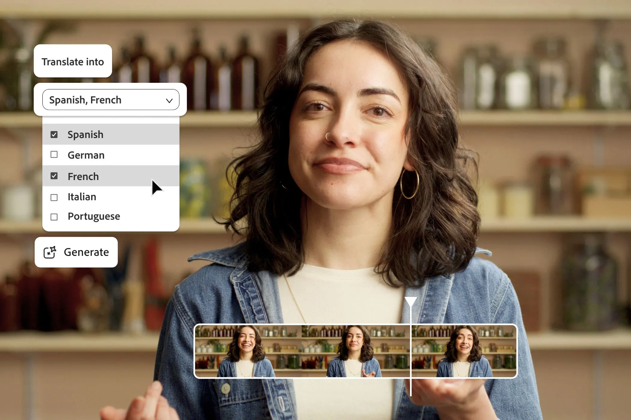 Giao diện tính năng dịch video tự động của Adobe Firefly với tùy chọn ngôn ngữ