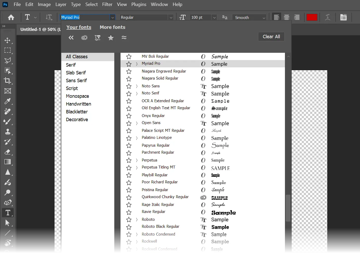Giao diện tính năng Font Browser của Adobe Photoshop