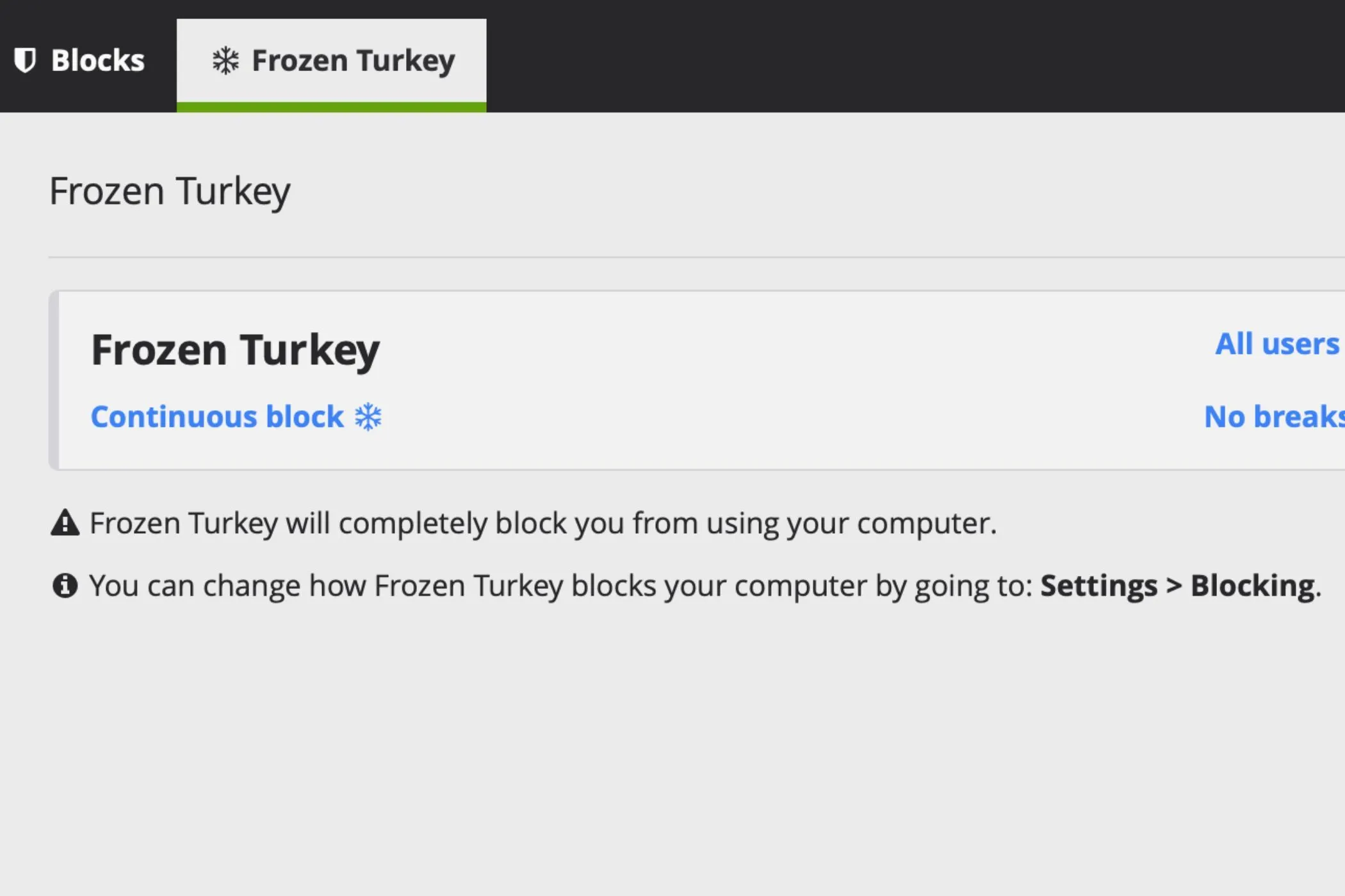 Giao diện tính năng Frozen Turkey trong ứng dụng Cold Turkey giúp thiết lập khóa chặn