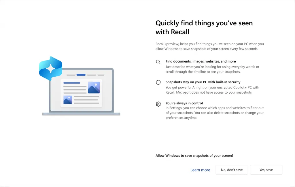 Giao diện tính năng Microsoft Recall với các tùy chọn điều khiển quyền riêng tư và dữ liệu.