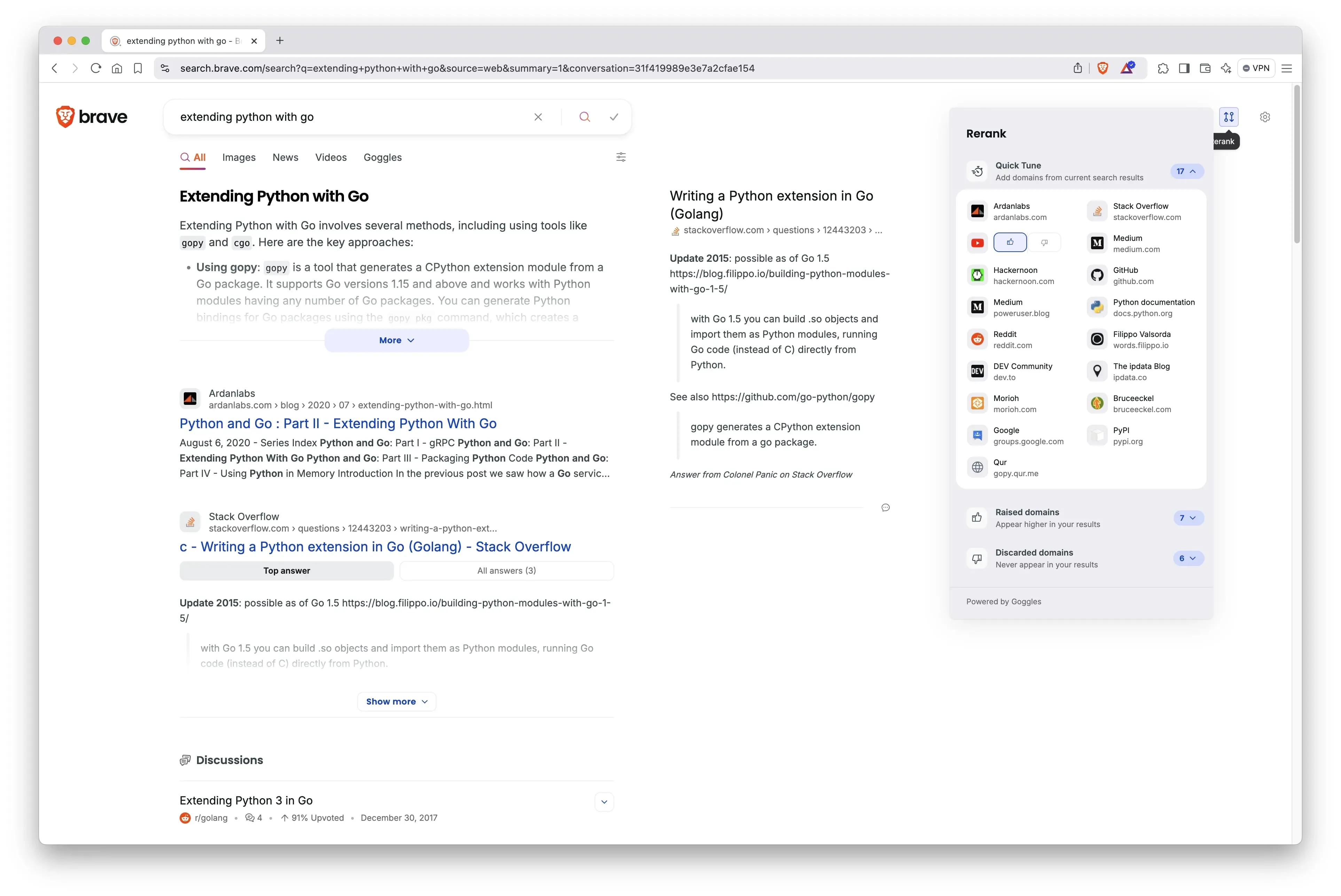 Giao diện tính năng Rerank của Brave Search hiển thị tùy chọn nâng hạng (raise) một trang web trong kết quả tìm kiếm.