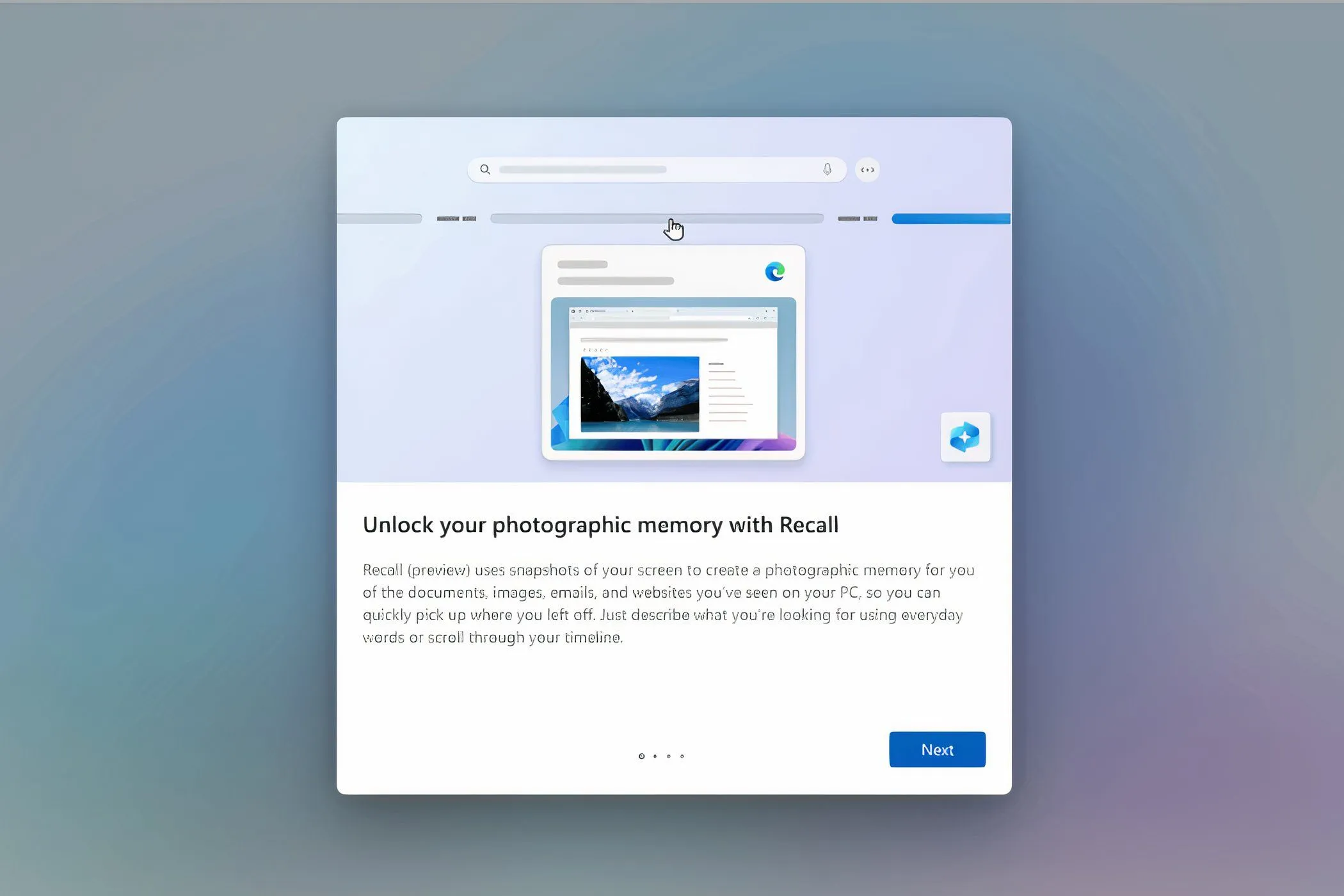 Giao diện tính năng Windows Recall trên Windows 11, với thanh cuộn thời gian và khả năng tìm kiếm thông tin đã xem