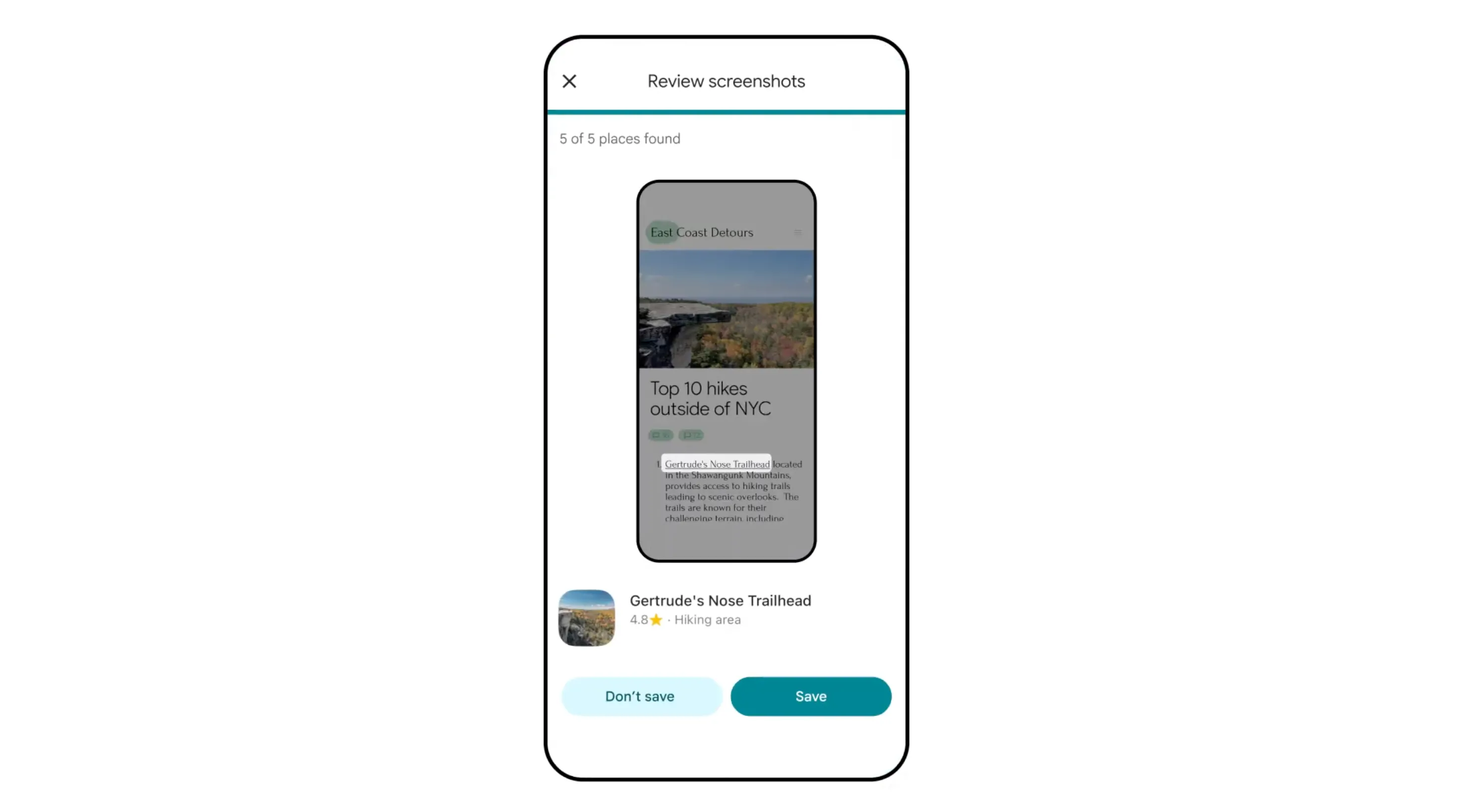 Giao diện tính năng xem lại và lưu ảnh chụp màn hình địa điểm du lịch trong Google Maps với đề xuất của Gemini.