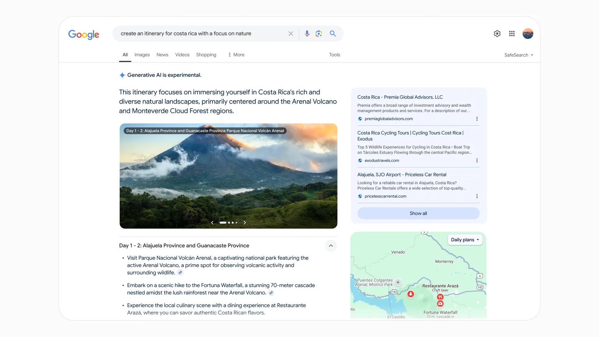 Giao diện tổng quan AI của Google Search hiển thị lịch trình chuyến đi chi tiết theo từng ngày với hình ảnh và đánh giá