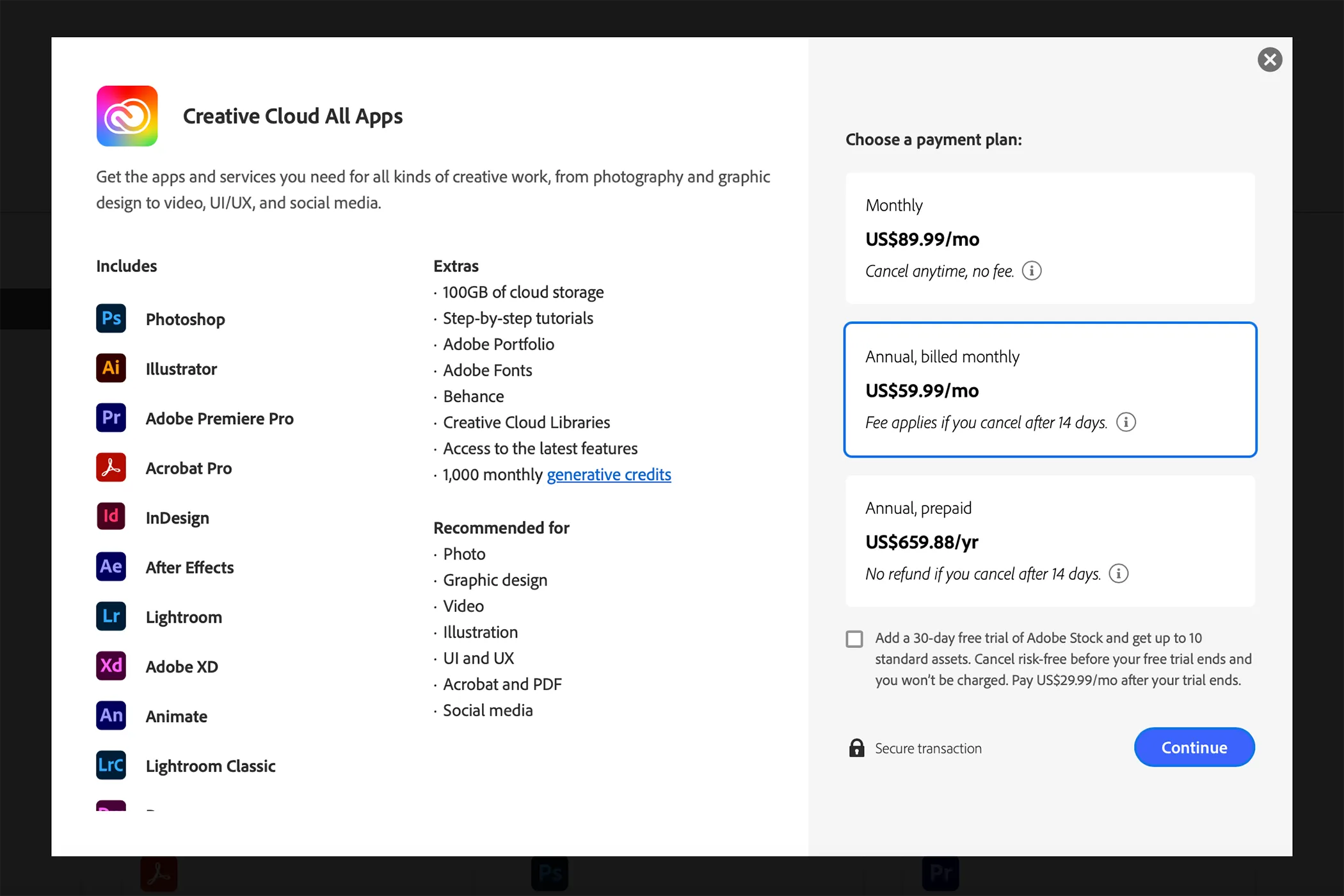 Giao diện tổng quan gói Adobe All Apps