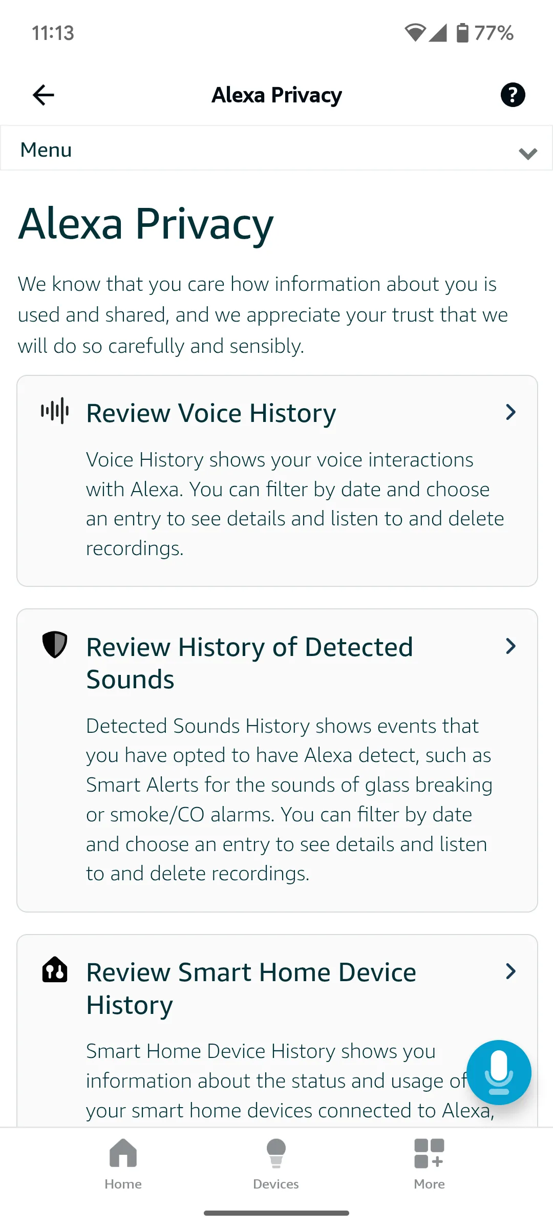 Giao diện tổng quan quyền riêng tư trên ứng dụng Alexa, hiển thị các loại dữ liệu mà Alexa thu thập như lịch sử giọng nói và lịch sử thiết bị.