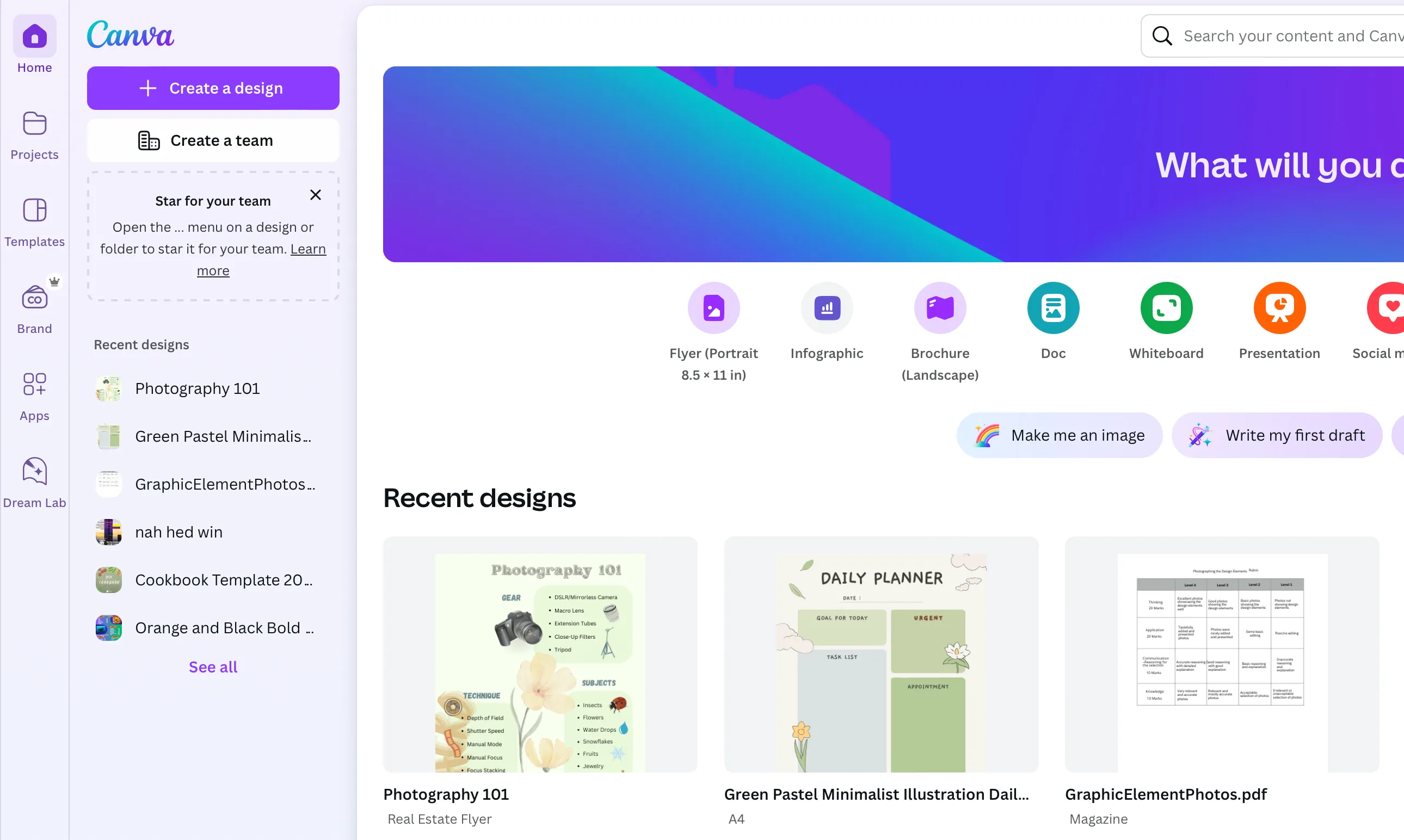 Giao diện trang chủ Canva hiển thị gói Canva Pro và các tính năng chính.