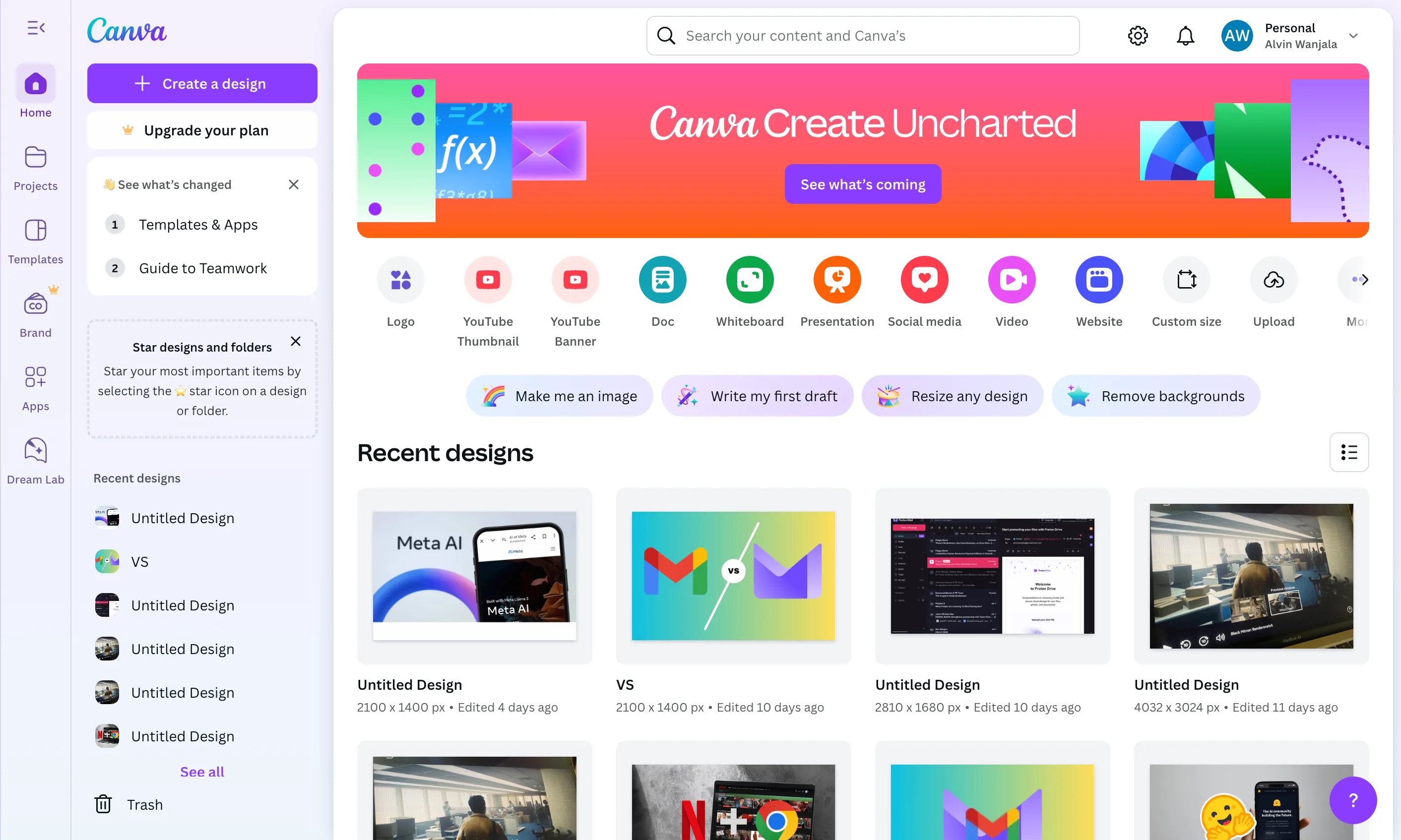 Giao diện trang chủ Canva sau khi đăng nhập, hiển thị các tùy chọn thiết kế và mẫu có sẵn.