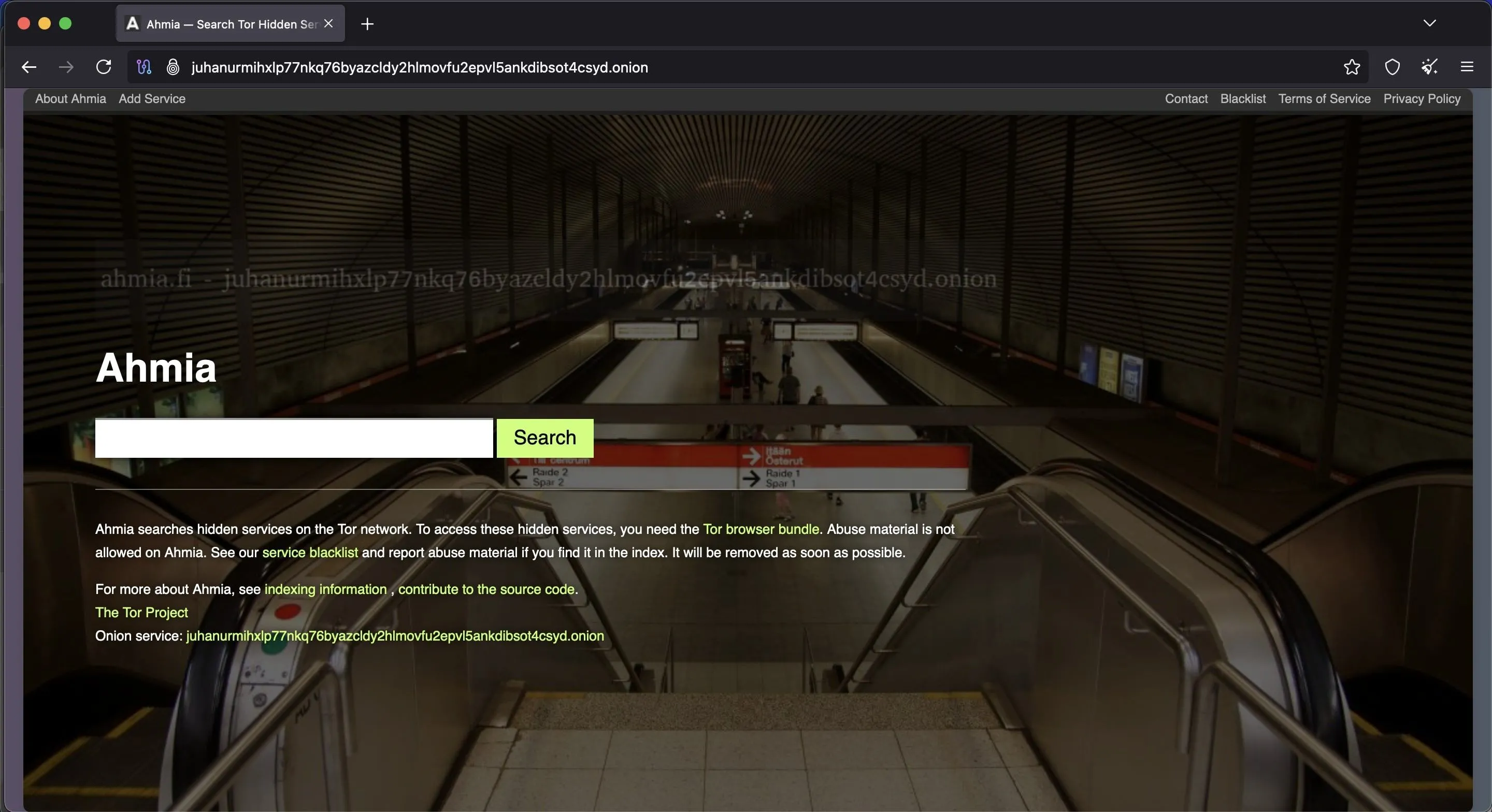 Giao diện trang chủ công cụ tìm kiếm Ahmia trên Dark Web