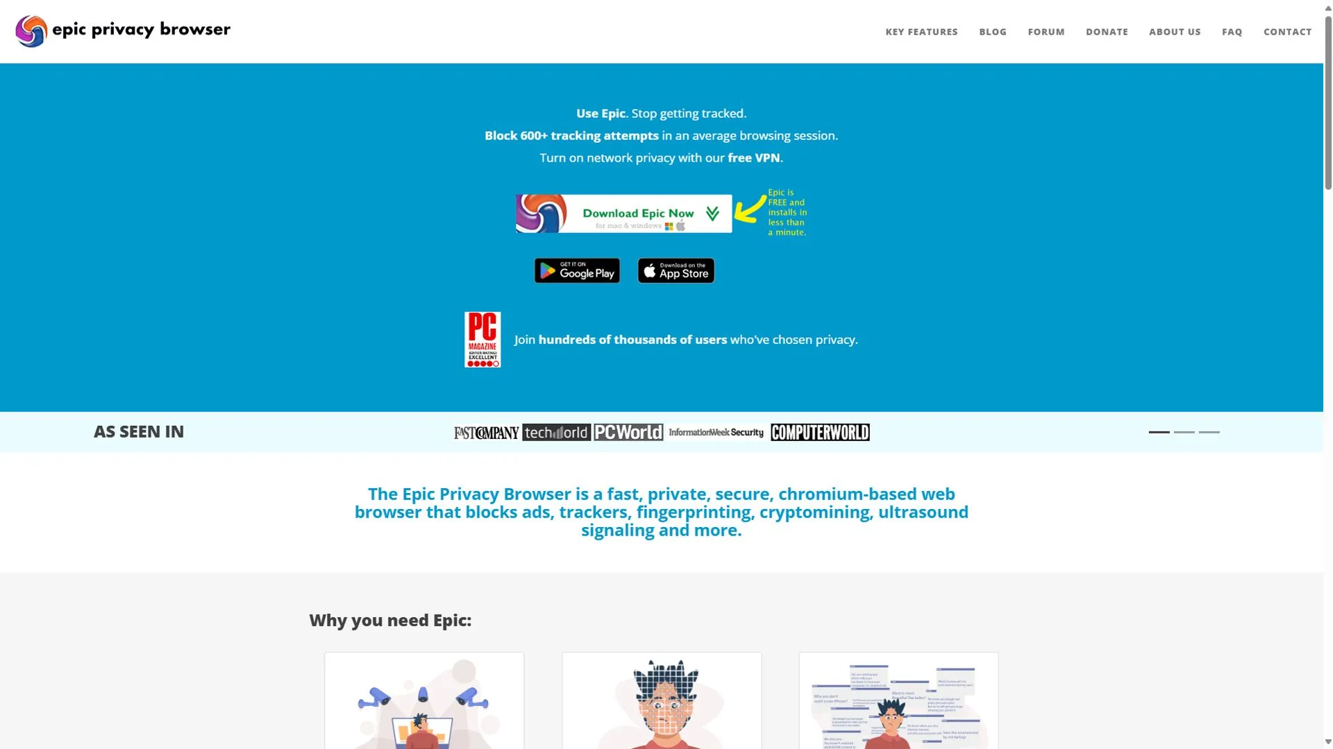 Giao diện trang chủ của trình duyệt Epic Privacy Browser, tập trung vào bảo mật người dùng.