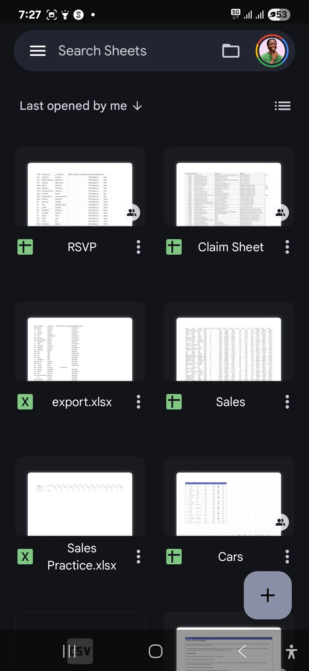 Giao diện trang chủ Google Sheets trên thiết bị Android, minh họa sự đồng nhất và quen thuộc trong hệ sinh thái ứng dụng Google.