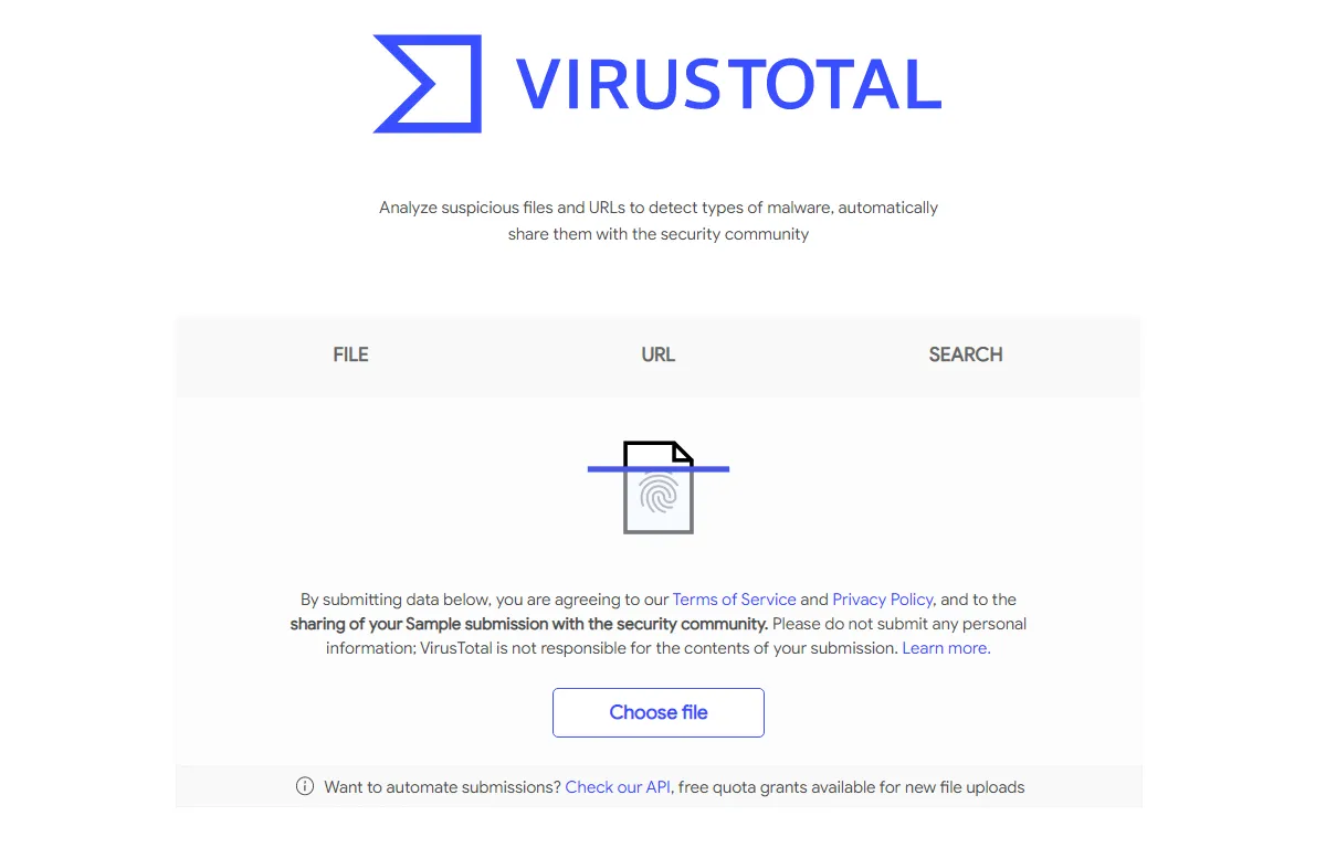 Giao diện trang chủ VirusTotal, dịch vụ quét virus trực tuyến cho tệp và liên kết