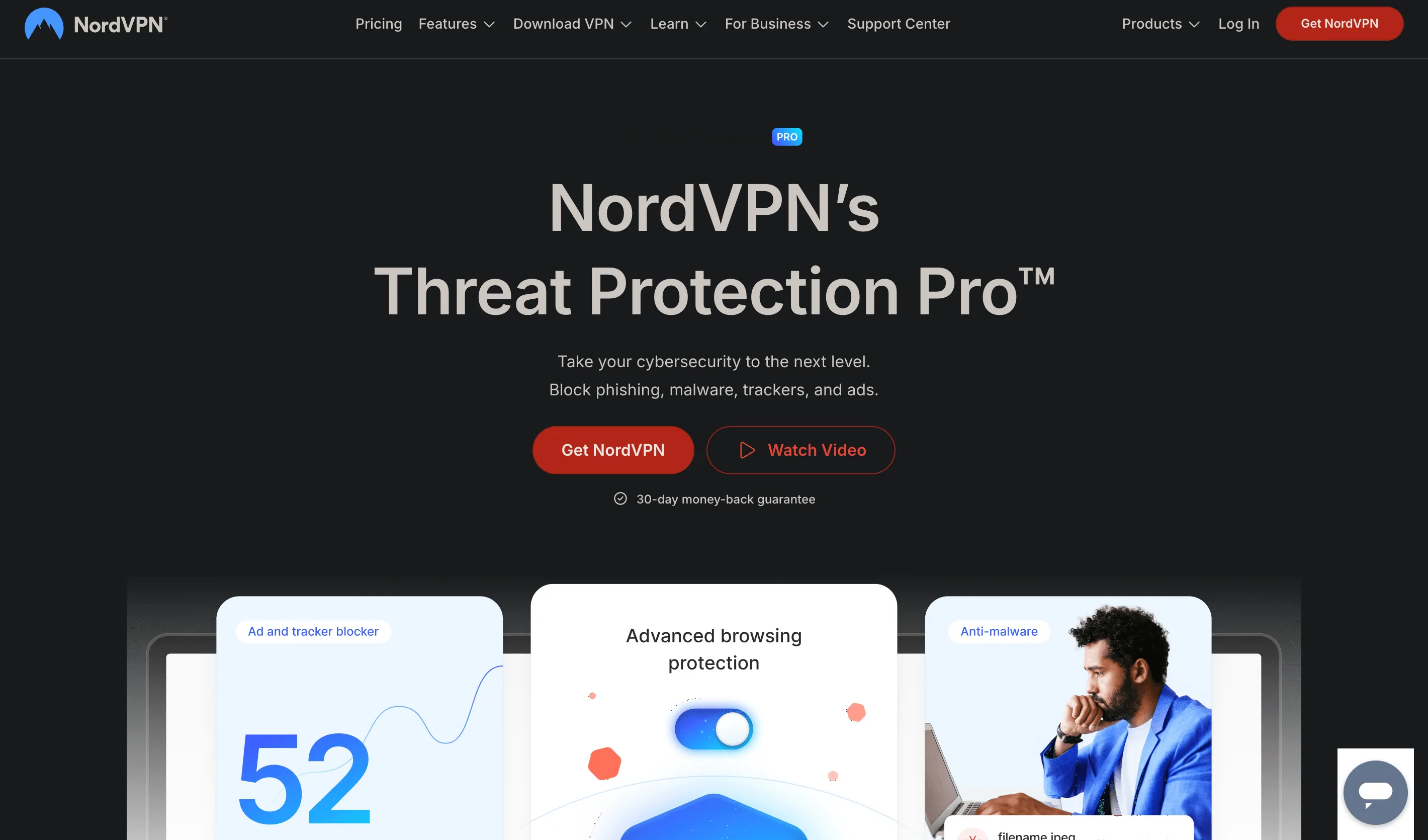 Giao diện trang giới thiệu tính năng Threat Protection Pro của NordVPN, minh họa các lớp bảo vệ