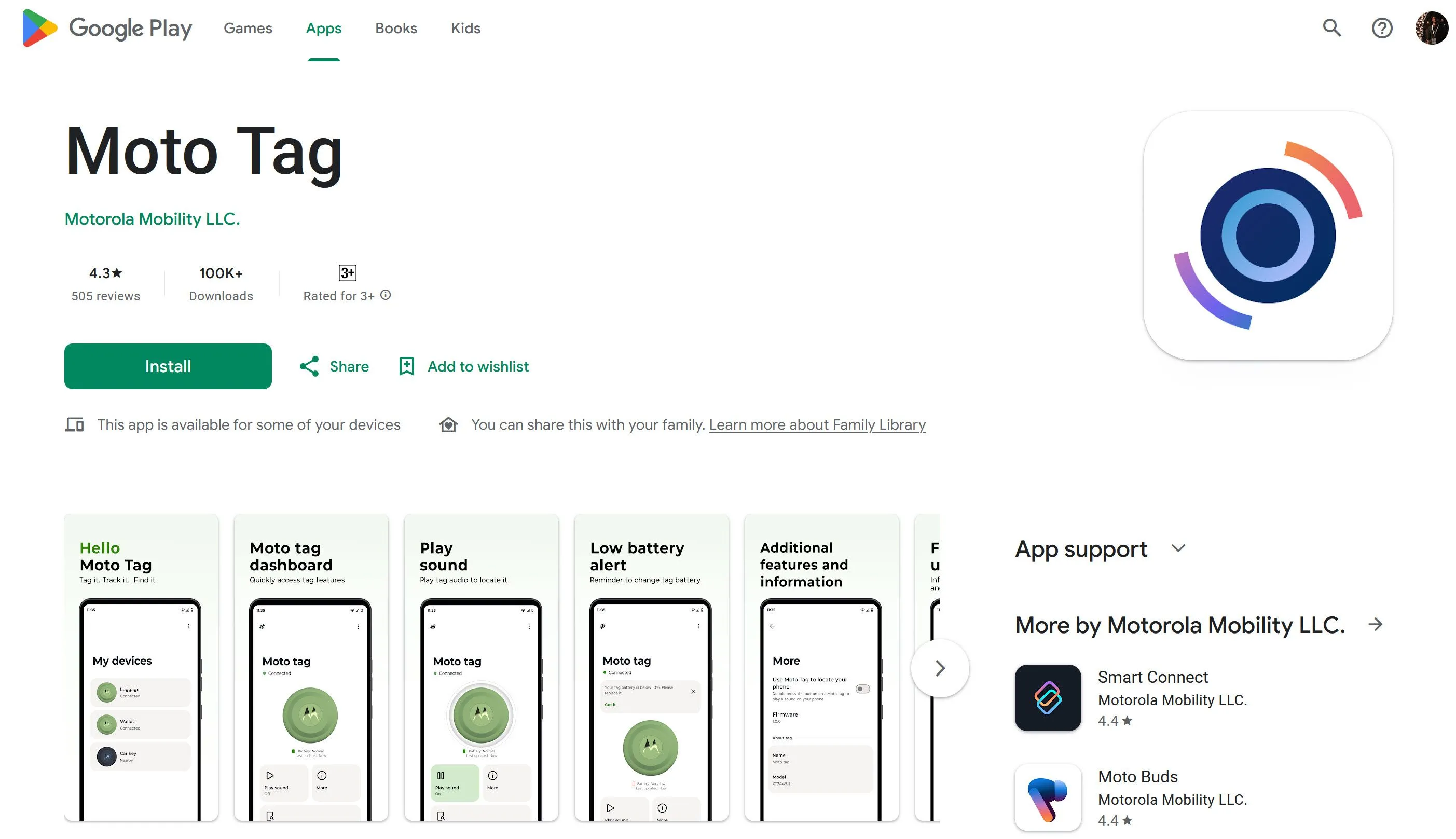 Giao diện trang ứng dụng Moto Tag trên Google Play Store, hiển thị thông tin và tùy chọn tải xuống
