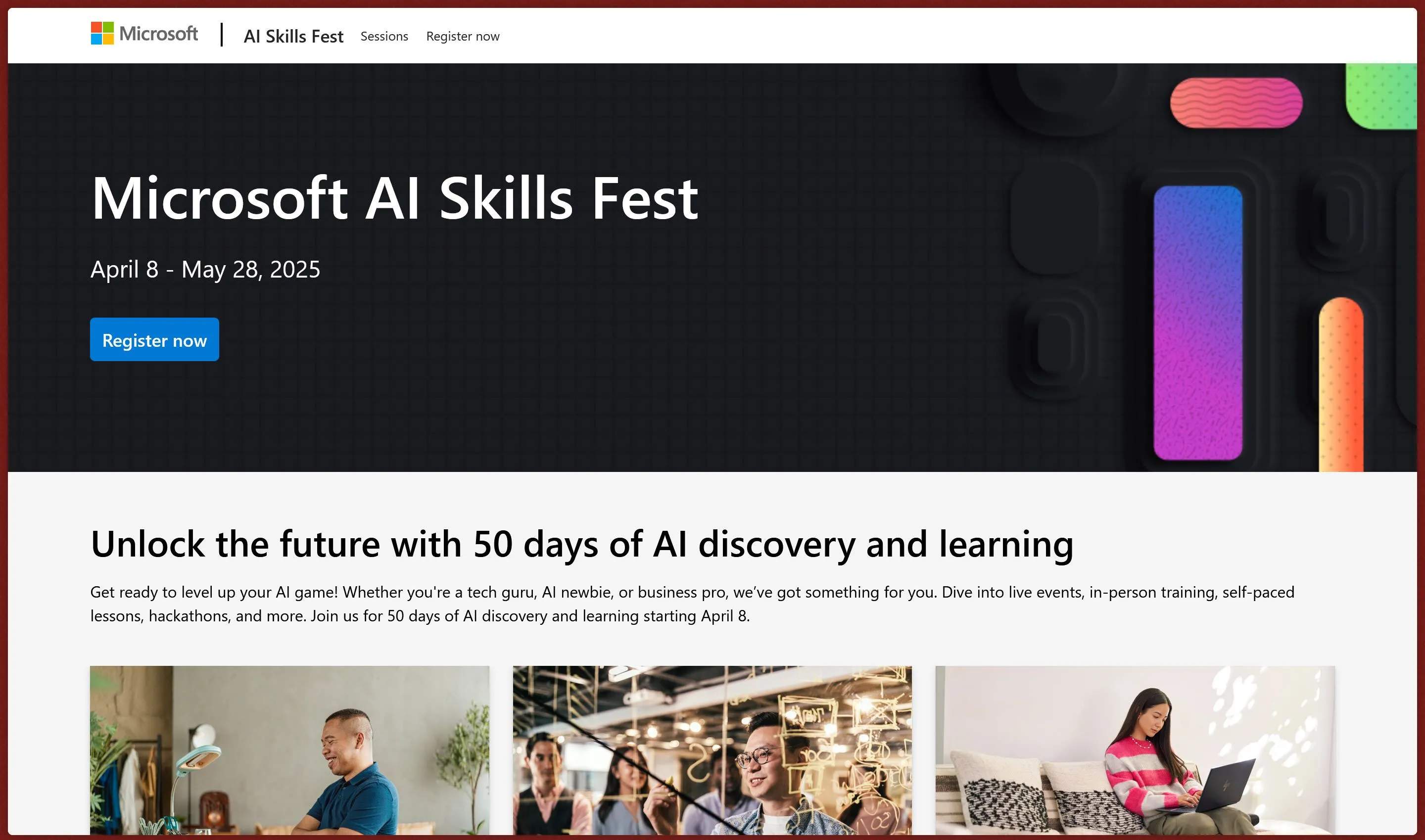 Giao diện trang web chính thức của sự kiện Microsoft AI Skills Fest cung cấp các khóa học AI miễn phí và thông tin đăng ký