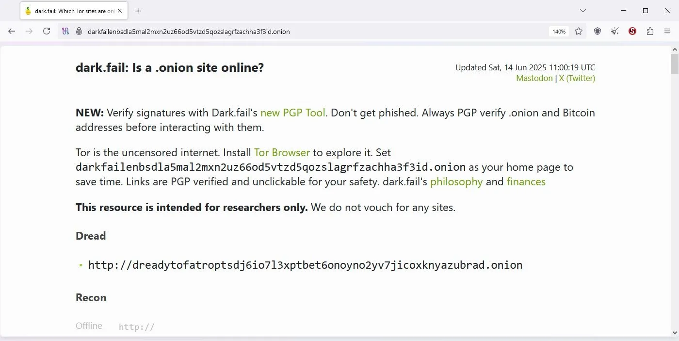 Giao diện trang web Dark.Fail trên trình duyệt Tor, minh họa nội dung dark web đa dạng hơn tội phạm