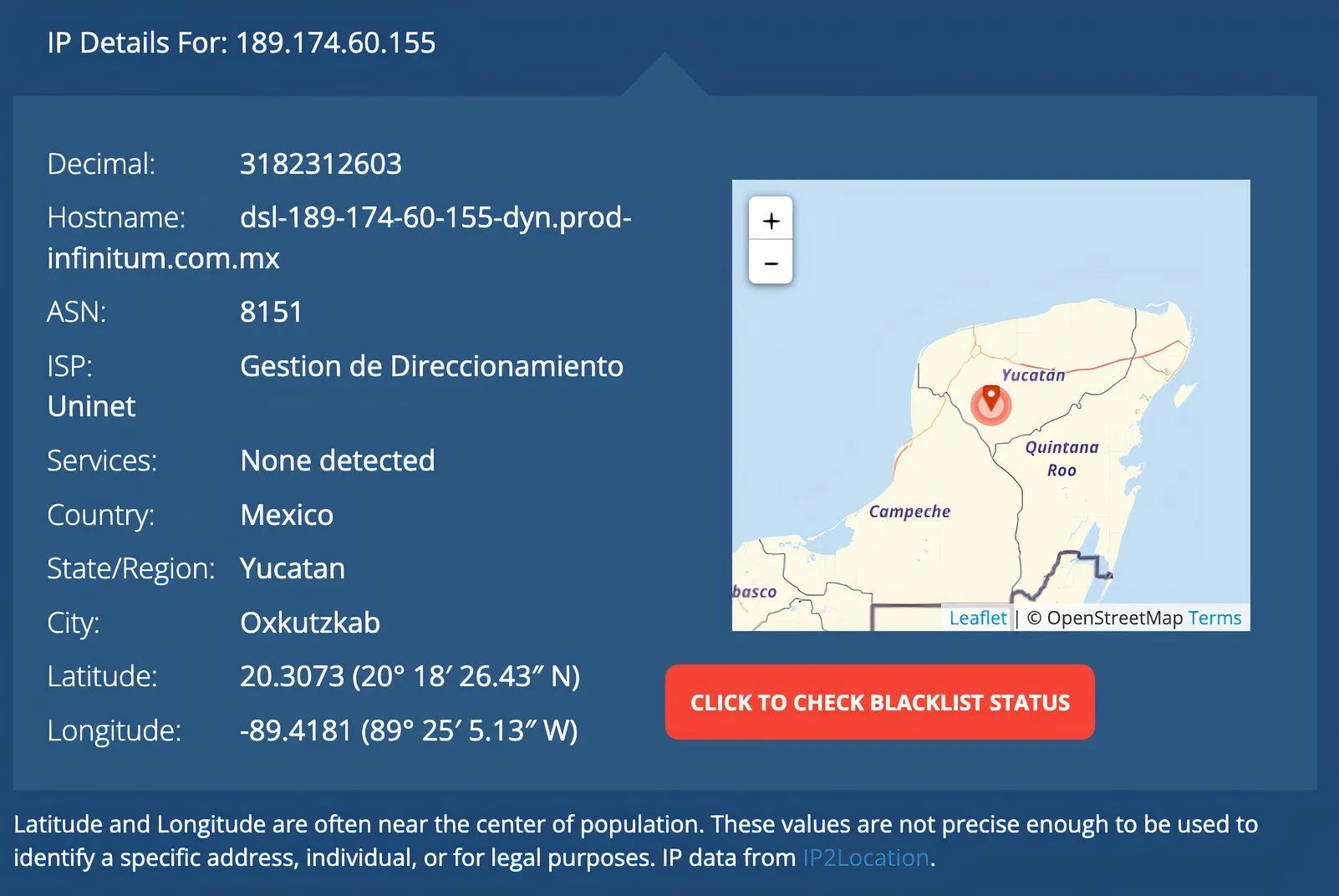 Giao diện trang web hiển thị vị trí địa chỉ IP công cộng của người dùng, minh họa khả năng theo dõi vị trí khi làm việc từ xa.