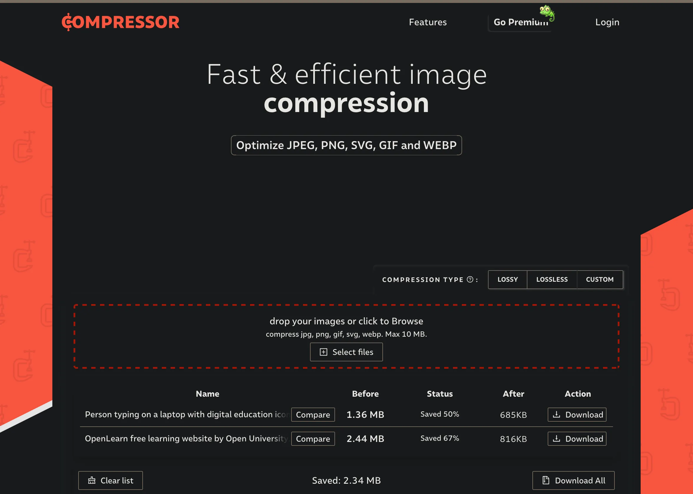 Giao diện trang web nén ảnh Compressor.io với tùy chọn nén lossy hoặc lossless, hiển thị các định dạng ảnh được hỗ trợ và khả năng so sánh ảnh trước và sau khi nén.