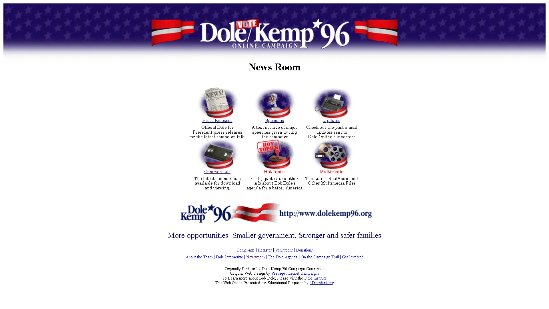 Giao diện trang web vận động tranh cử của Bob Dole và Jack Kemp năm 1996, một dấu ấn lịch sử trên internet.