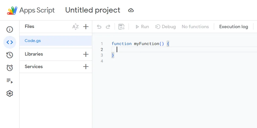 Giao diện trình chỉnh sửa Google Apps Script IDE, nơi người dùng viết và quản lý mã JavaScript để tự động hóa Google Sheets và các dịch vụ Google khác.