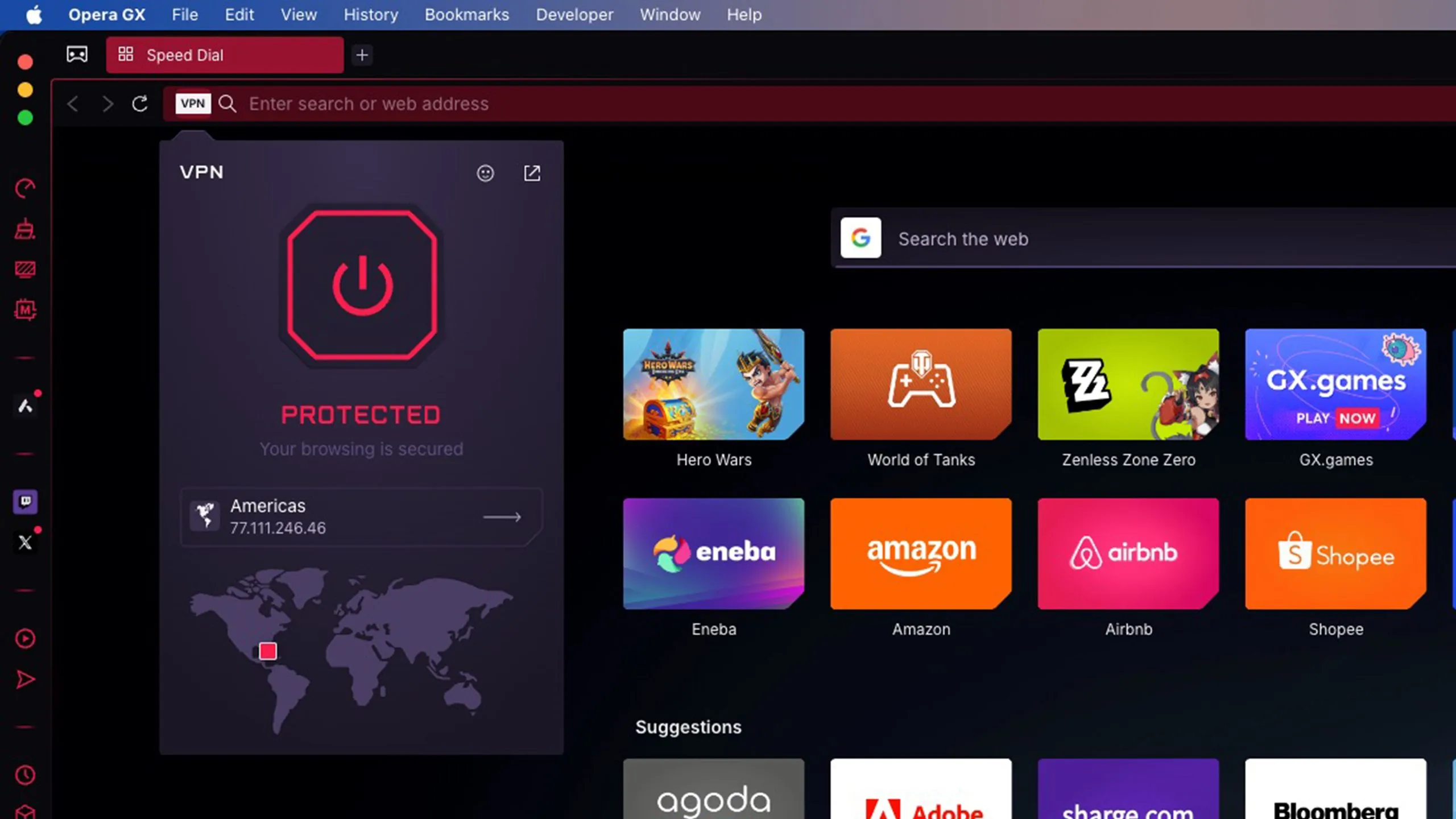 Giao diện trình duyệt Opera GX với tính năng VPN tích hợp đang được kích hoạt để bảo vệ quyền riêng tư và vượt qua bóp băng thông