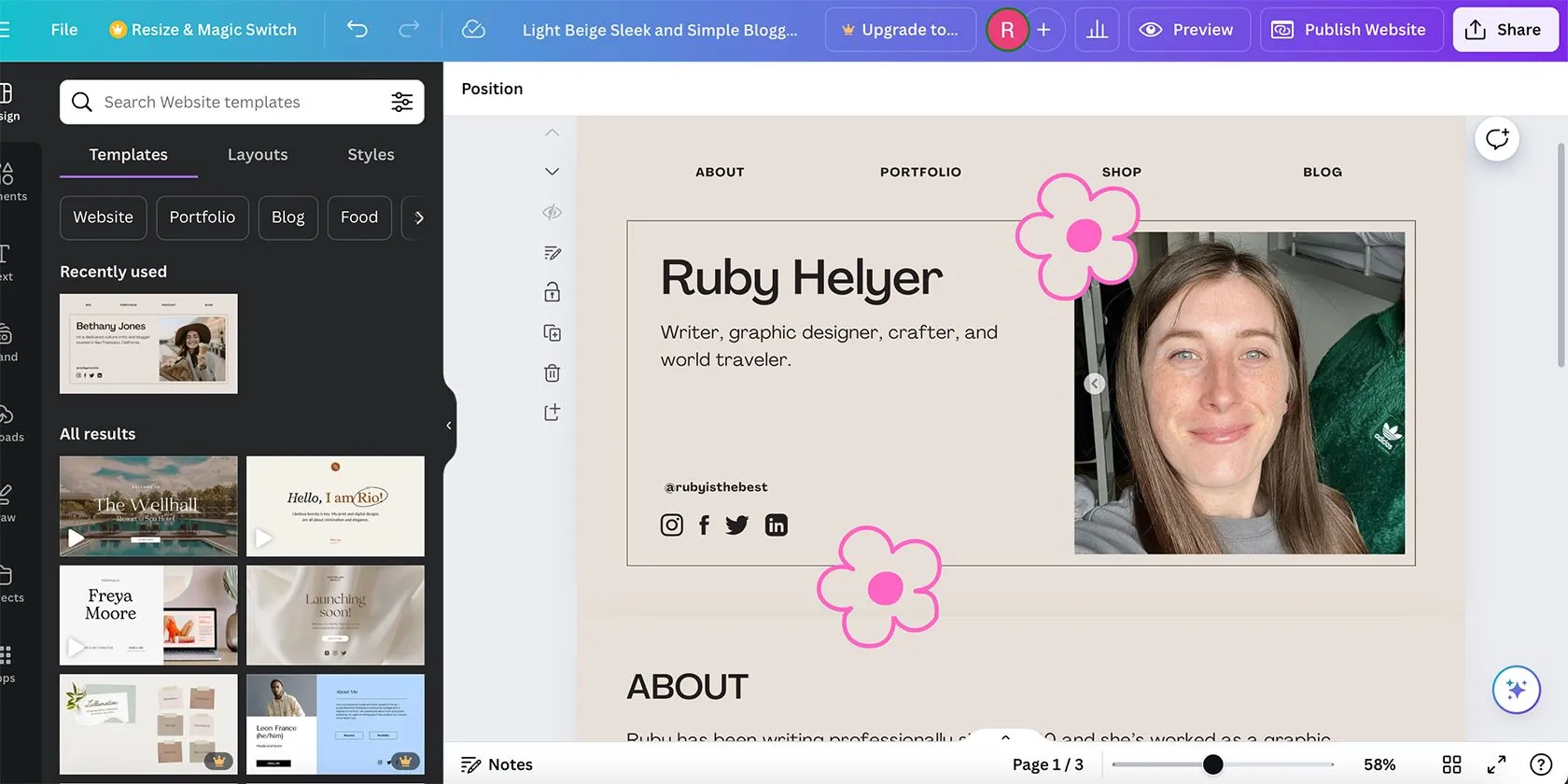 Giao diện trình tạo website Canva với các tùy chọn thiết kế và công cụ xây dựng trang web trực quan.