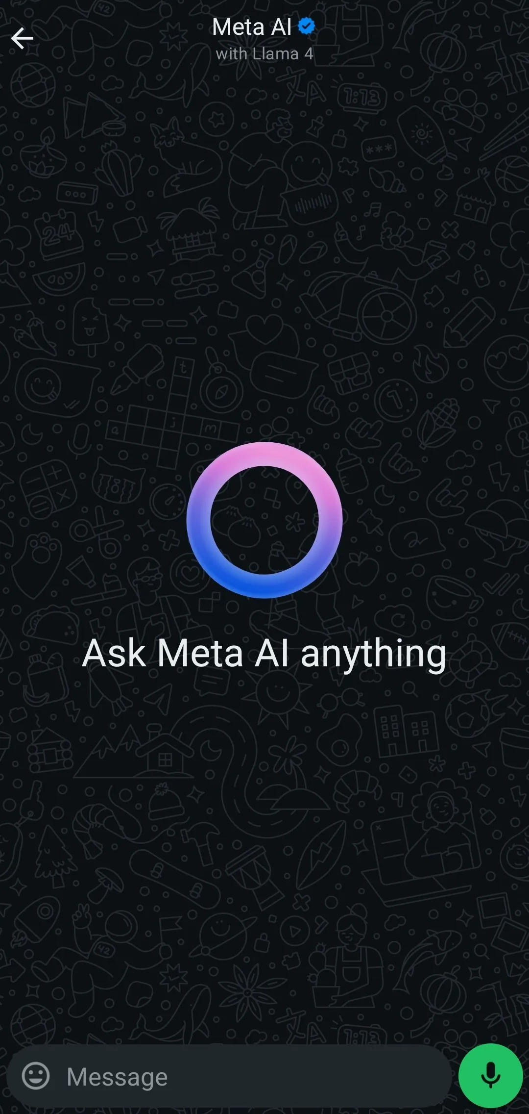Giao diện trò chuyện WhatsApp cơ bản với nút Meta AI màu xanh nổi bật