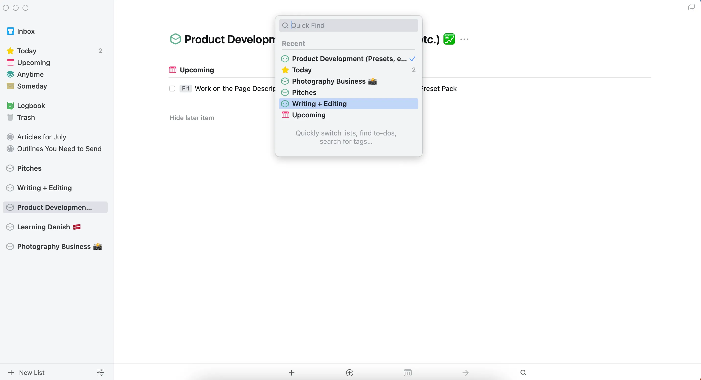 Giao diện trực quan của ứng dụng Things 3 trên macOS, hiển thị các tác vụ được tổ chức theo ngày và dự án, nhấn mạnh sự đơn giản và hiệu quả.