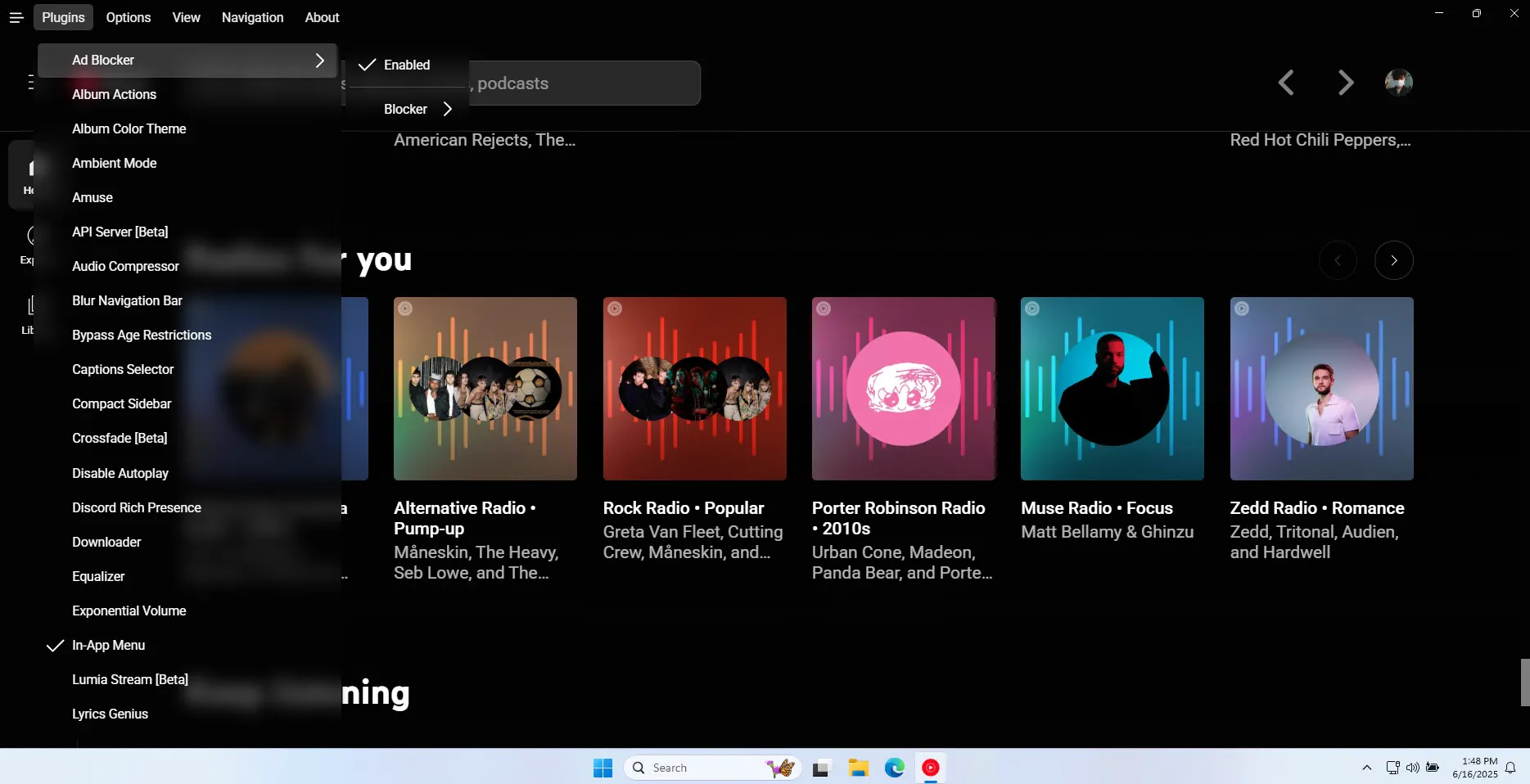 Giao diện tùy biến với các cài đặt plugin đa dạng trong Custom YouTube Music Desktop của th-ch