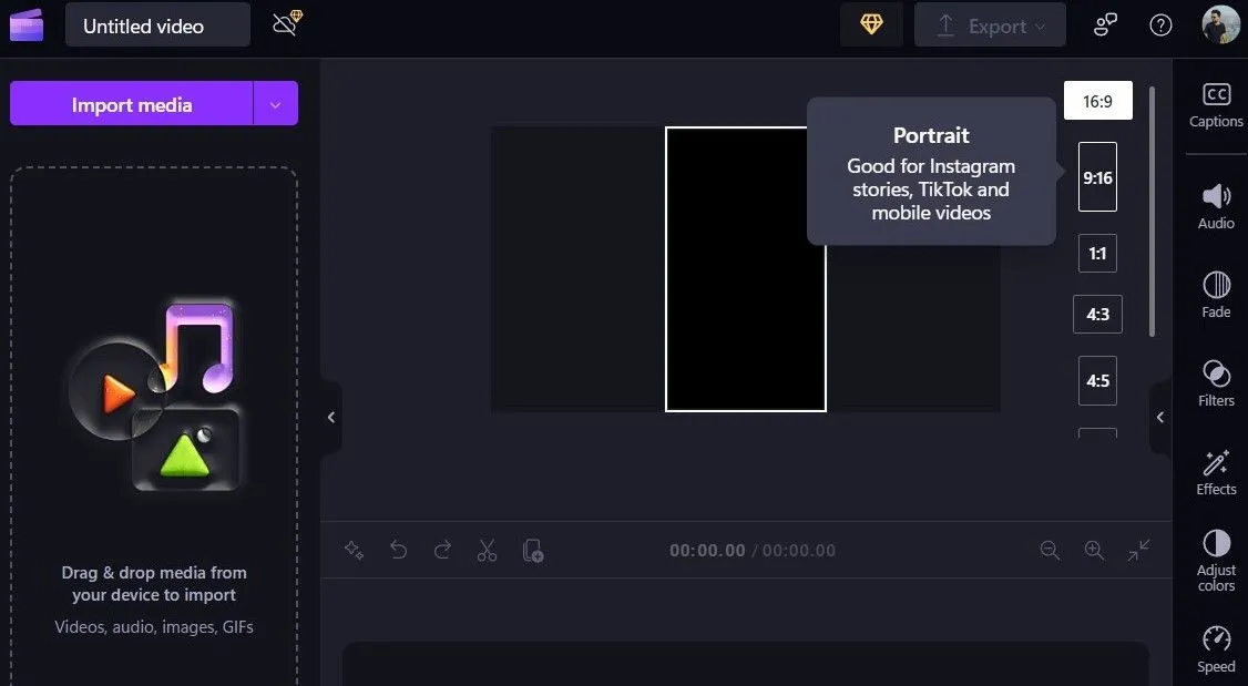 Giao diện tùy chỉnh tỷ lệ khung hình video trong ứng dụng Microsoft Clipchamp