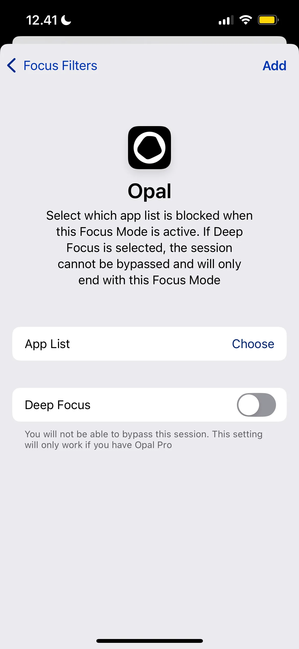 Giao diện tùy chỉnh ứng dụng Opal thông qua tính năng Bộ lọc Tập trung (Focus Filters) trên iPhone