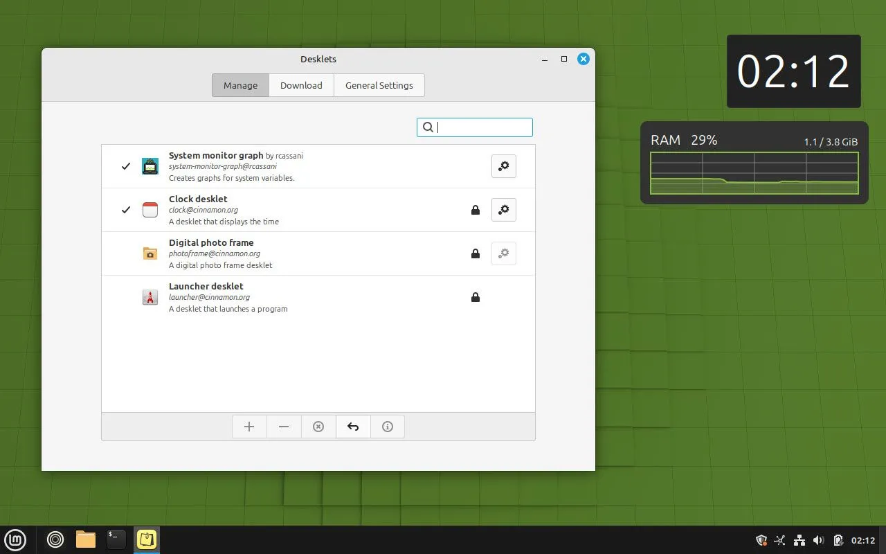 Giao diện tùy chọn Desklet đang mở trên Linux Mint, minh họa khả năng tùy chỉnh màn hình nền linh hoạt