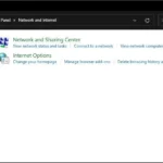 Giao diện Tùy chọn Mạng và Internet trong Control Panel trên Windows để truy cập Internet Options.