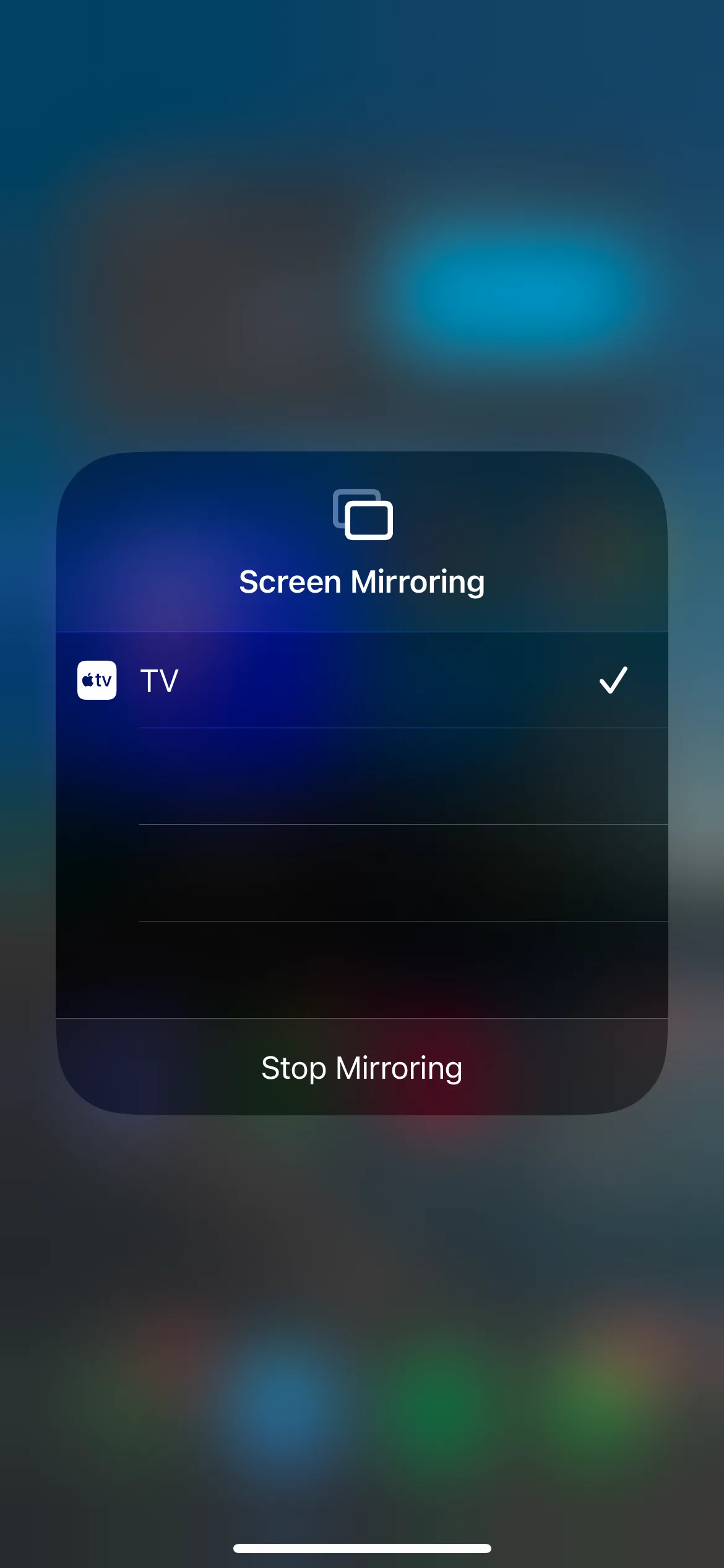 Giao diện tùy chọn Phản chiếu màn hình iOS, hiển thị Apple TV là thiết bị đích